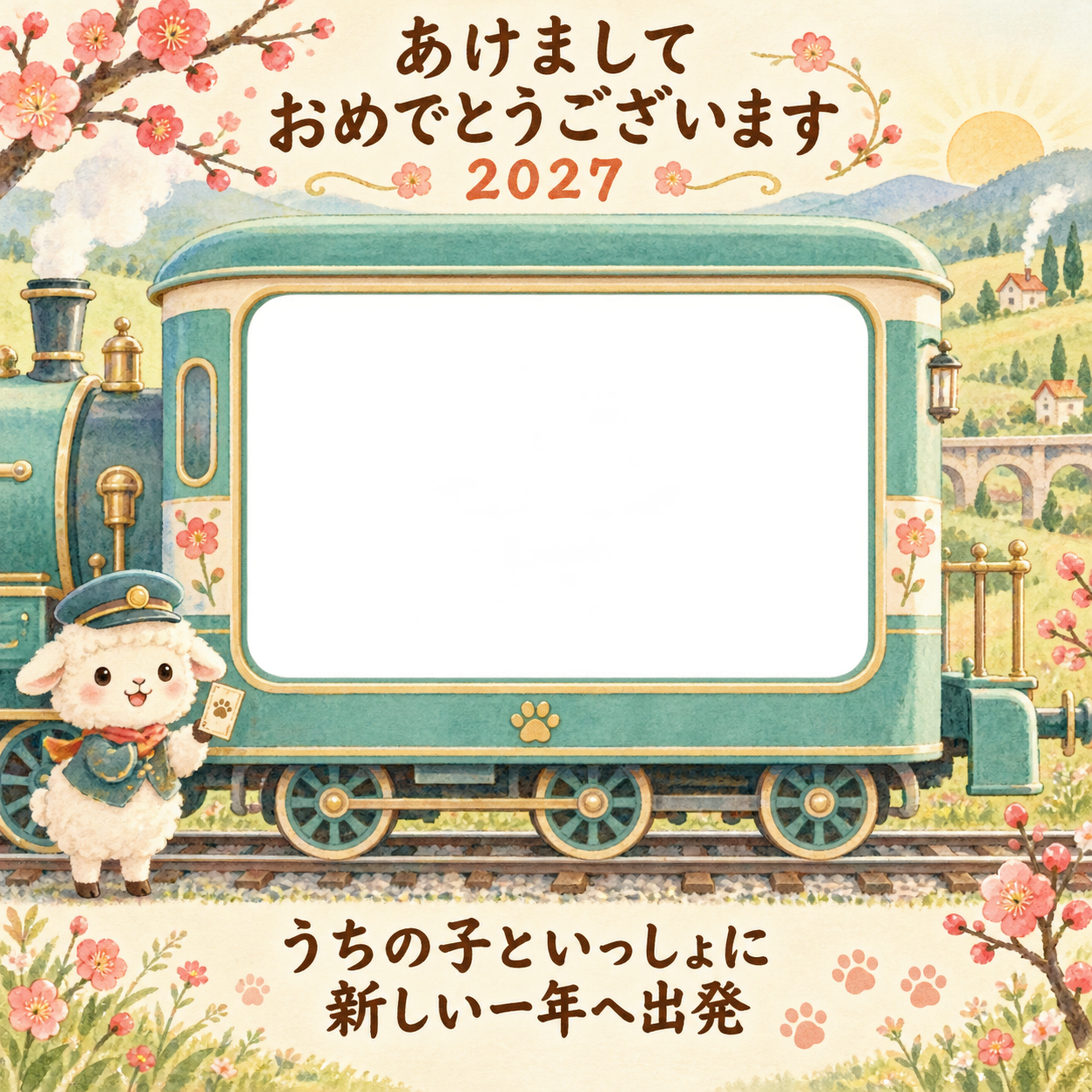 梅の咲く小道の汽車と羊のペット写真年賀状｜2027未年・無料イラスト 98730に写真・文字を入れる