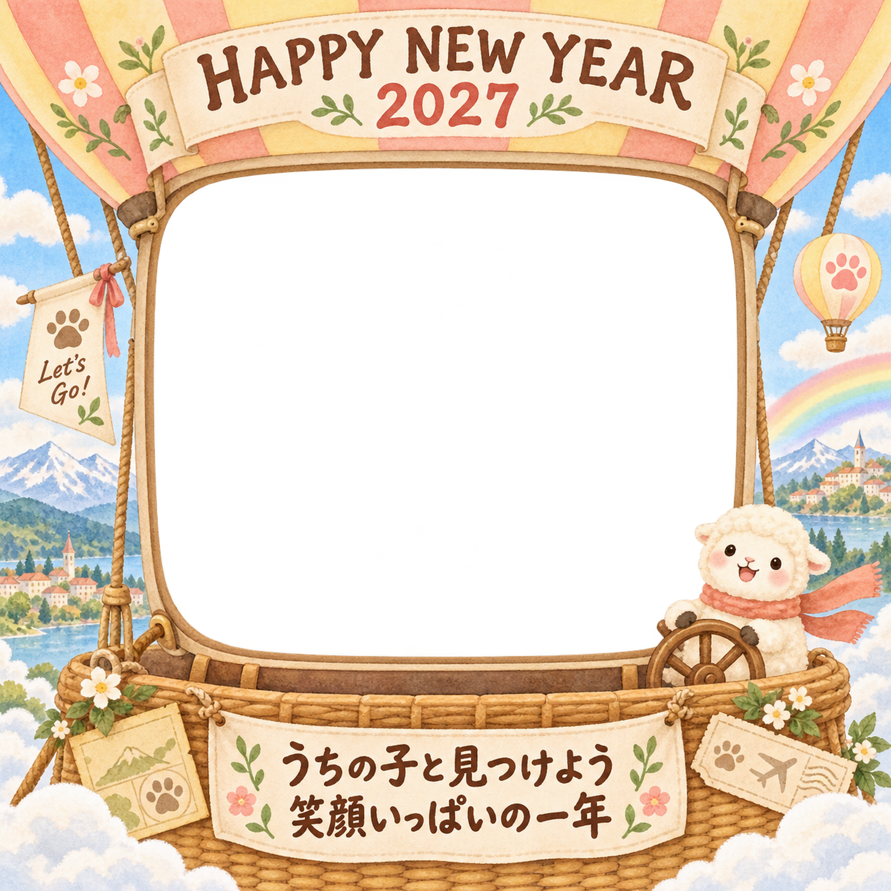 虹の空の気球と羊のペット写真年賀状｜2027未年・無料イラスト 98731に写真・文字を入れる