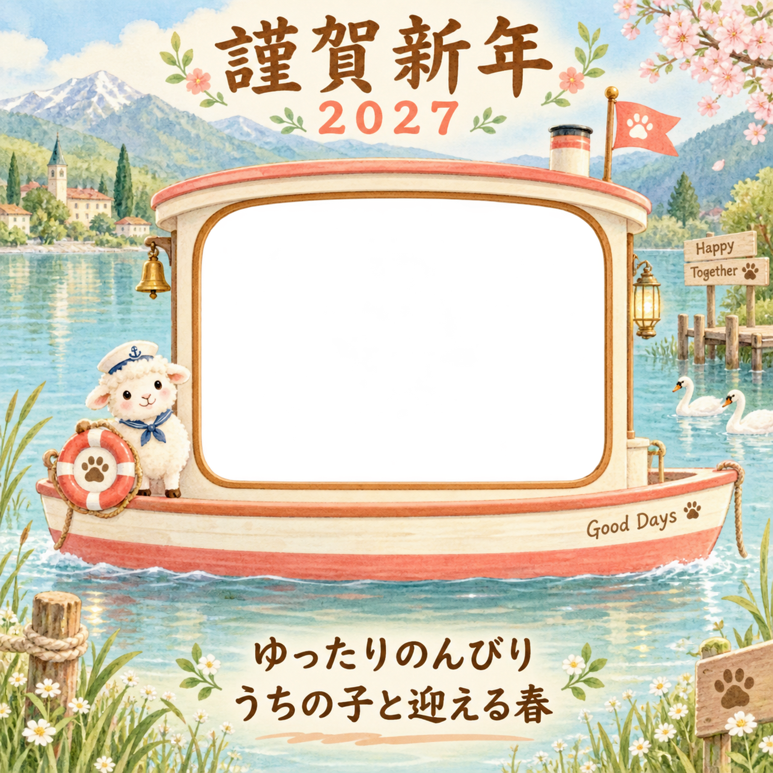 湖のボートと羊のペット写真年賀状｜2027未年・無料イラスト 98732に写真・文字を入れる