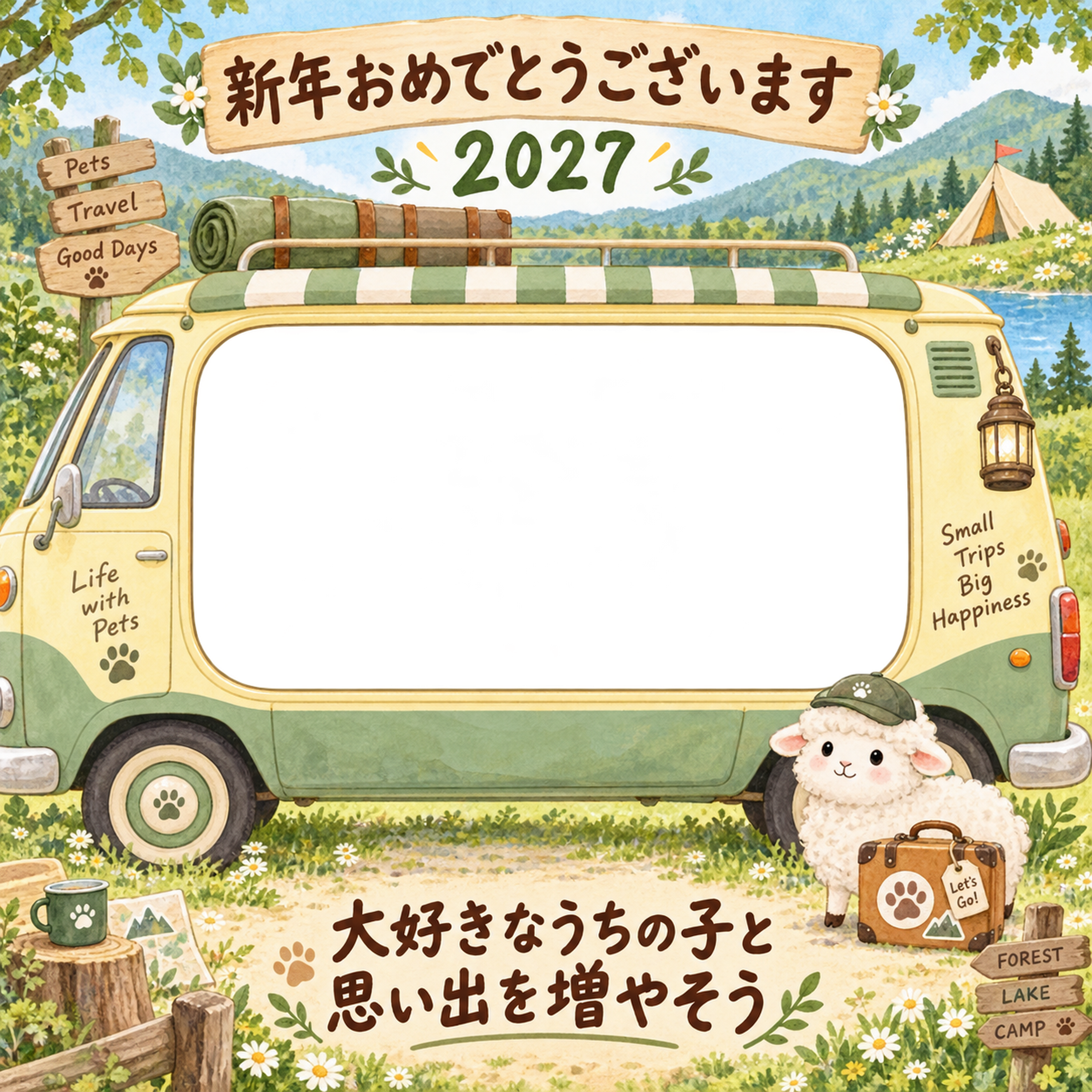 森のキャンピングカーと羊のペット写真年賀状｜2027未年・無料イラスト 98733に写真・文字を入れる