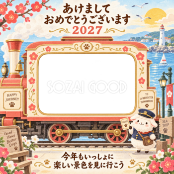 海辺の汽車と羊のペット写真年賀状｜2027未年・無料イラスト 98734