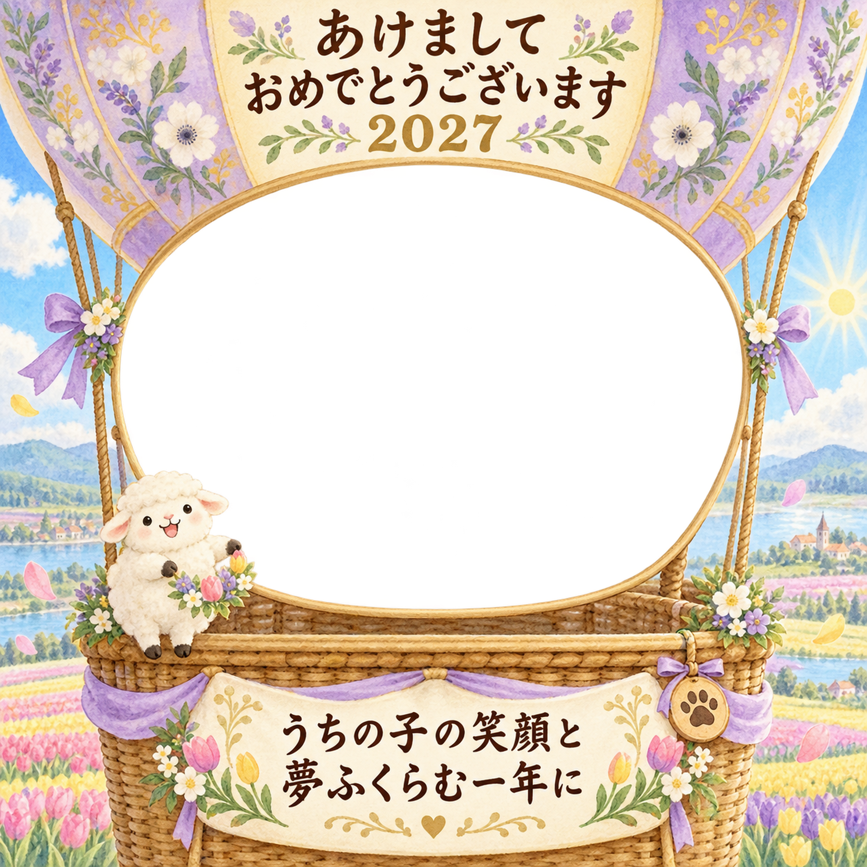花畑の気球と羊のペット写真年賀状｜2027未年・無料イラスト 98735に写真・文字を入れる