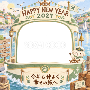 小さな港のボートと羊のペット写真年賀状｜2027未年・無料イラスト 98736