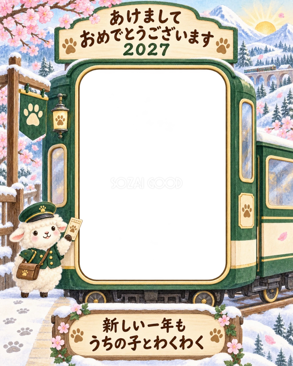 縦長の山の汽車と羊のペット写真年賀状|2027未年・無料イラスト 98738