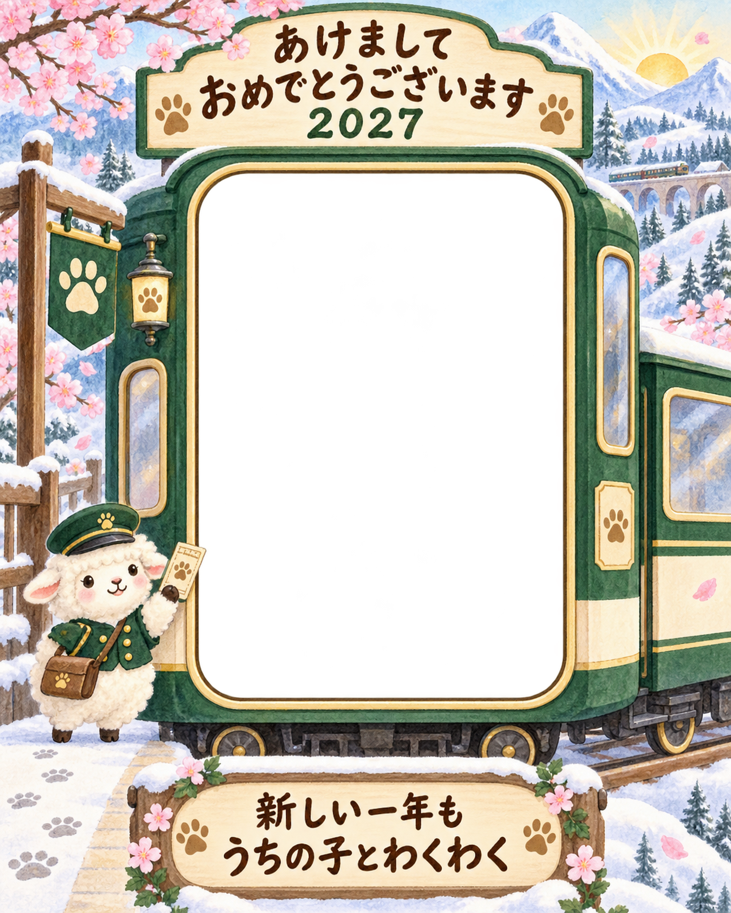 縦長の山の汽車と羊のペット写真年賀状｜2027未年・無料イラスト 98738に写真・文字を入れる