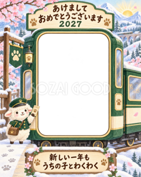 縦長の山の汽車と羊のペット写真年賀状｜2027未年・無料イラスト 98738