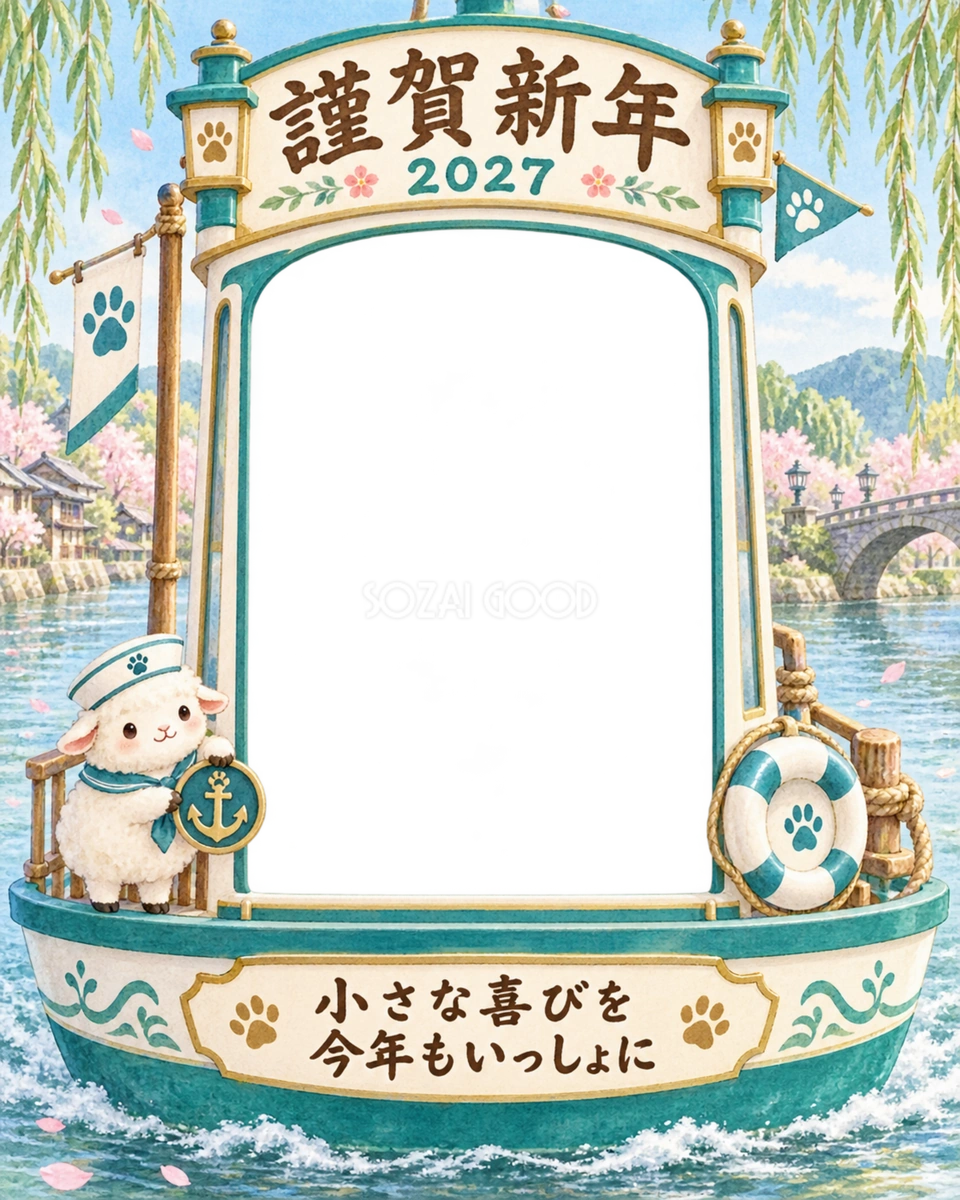 縦長の川のボートと羊のペット写真年賀状|2027未年・無料イラスト 98740