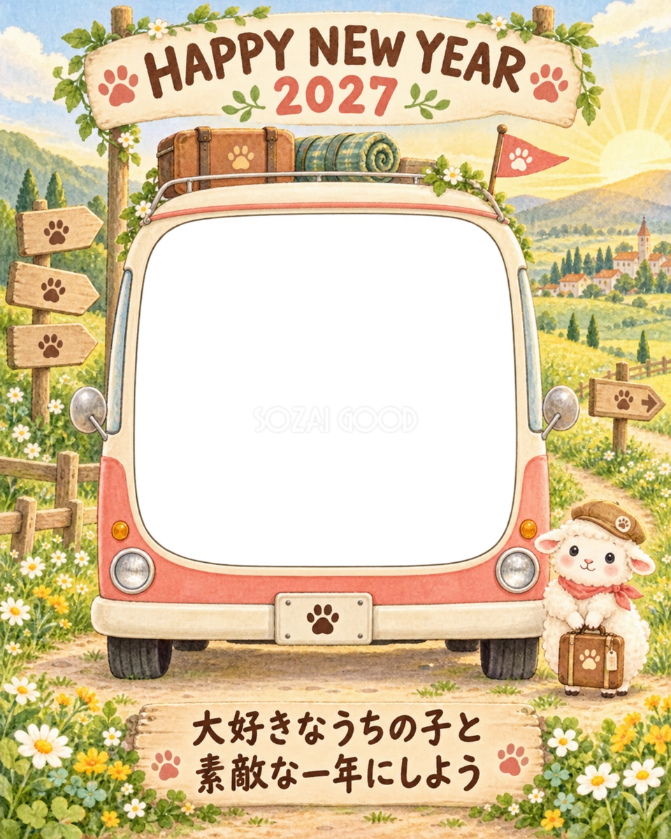 縦長の丘のキャンピングカーと羊のペット写真年賀状|2027未年・無料イラスト 98741