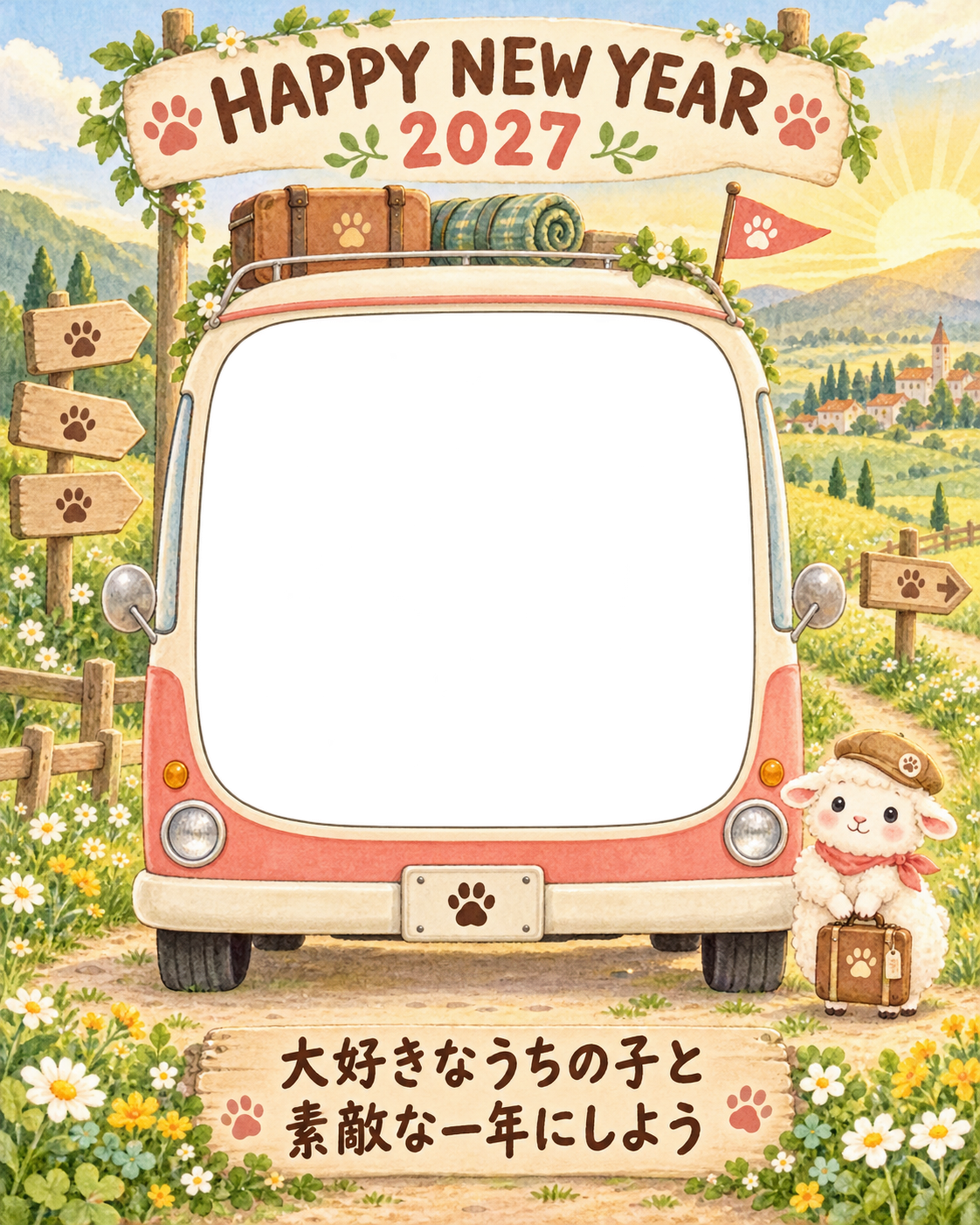 縦長の丘のキャンピングカーと羊のペット写真年賀状｜2027未年・無料イラスト 98741に写真・文字を入れる