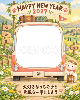 縦長の丘のキャンピングカーと羊のペット写真年賀状｜2027未年・無料イラスト 98741