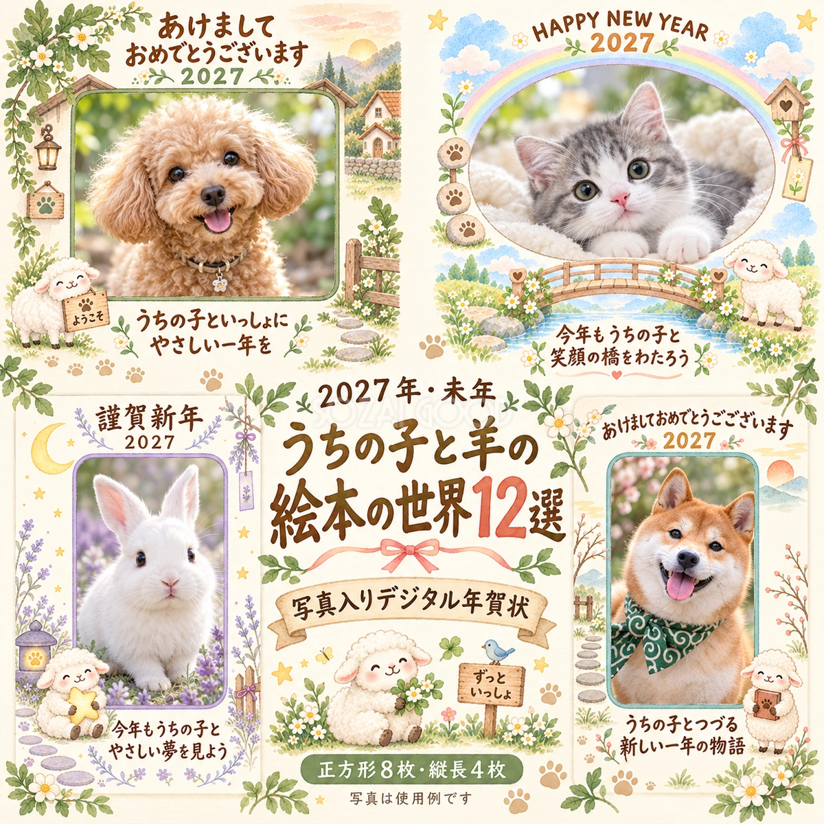 うちの子と羊の絵本の世界12選|2027年ペット写真年賀状・無料イラスト 98742