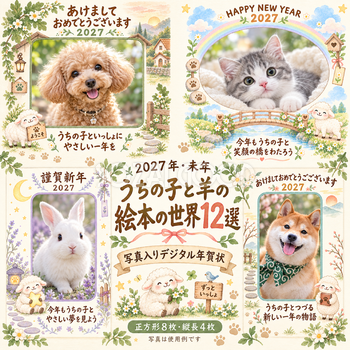 うちの子と羊の絵本の世界12選｜2027年ペット写真年賀状・無料イラスト 98742