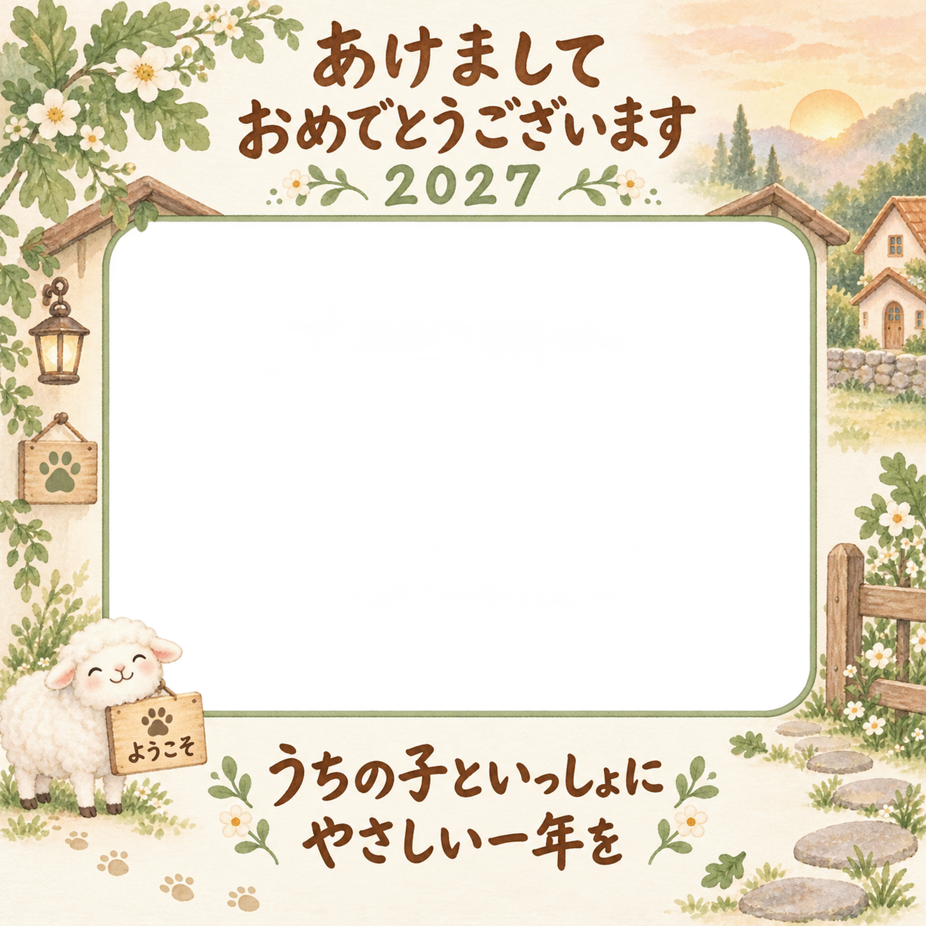 森の家の窓と羊のペット写真年賀状｜2027未年・無料イラスト 98743に写真・文字を入れる