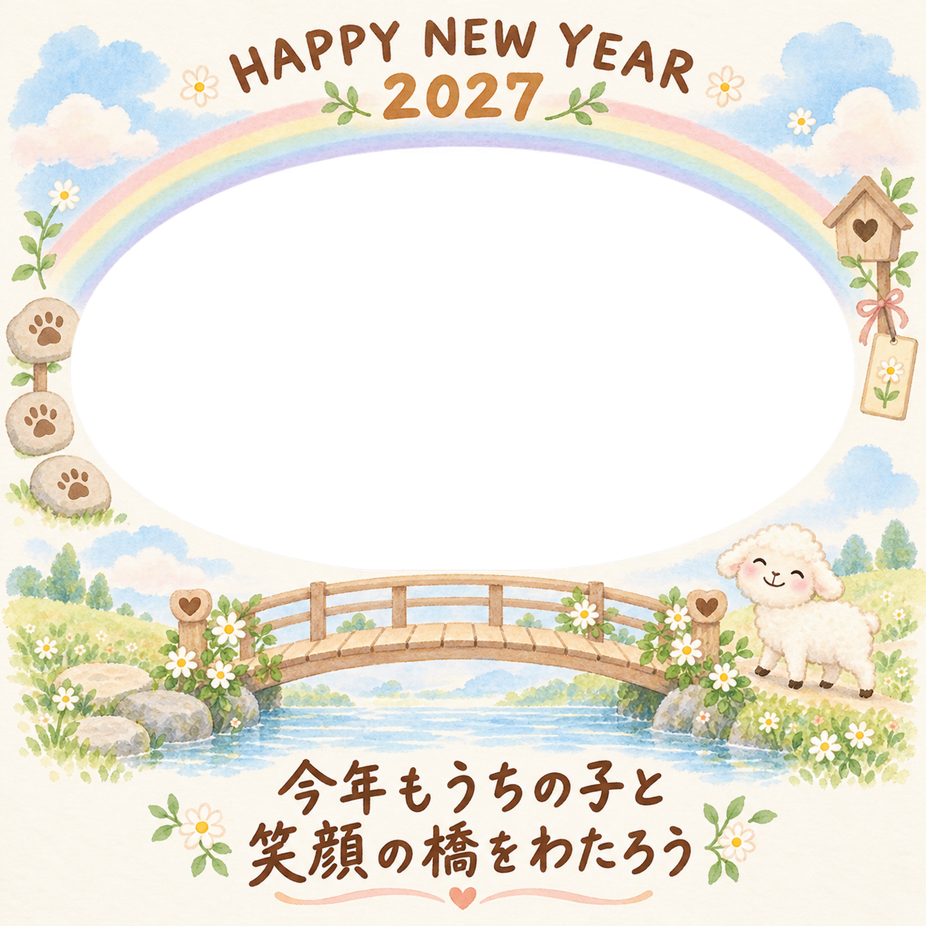 虹の橋と羊のペット写真年賀状｜2027未年・無料イラスト 98744に写真・文字を入れる