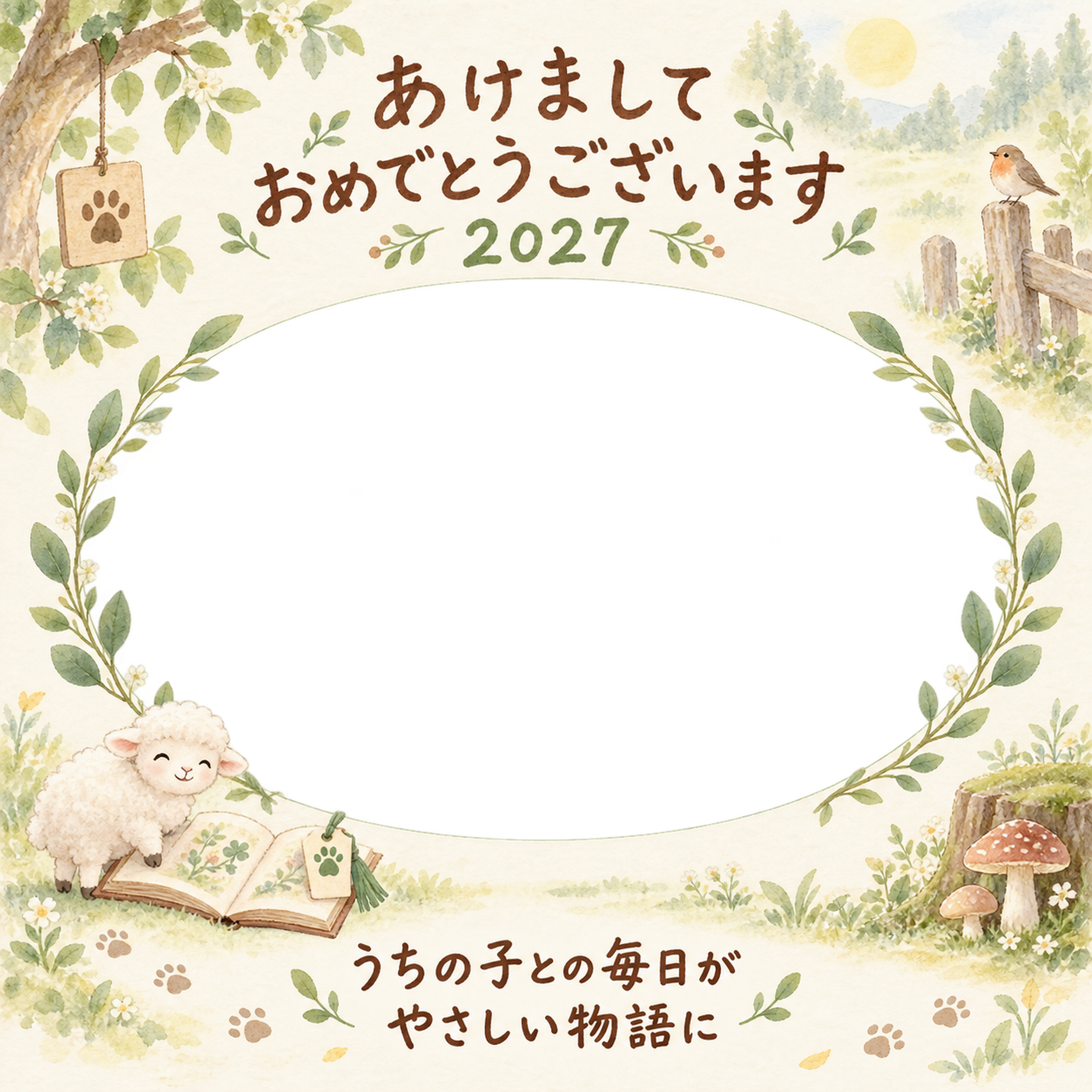 森の読書ひろばと羊のペット写真年賀状｜2027未年・無料イラスト 98747に写真・文字を入れる
