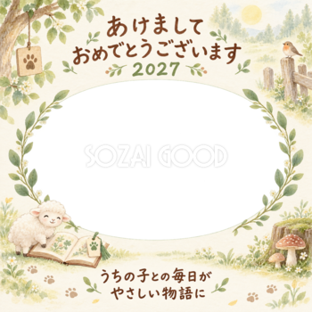 森の読書ひろばと羊のペット写真年賀状｜2027未年・無料イラスト 98747