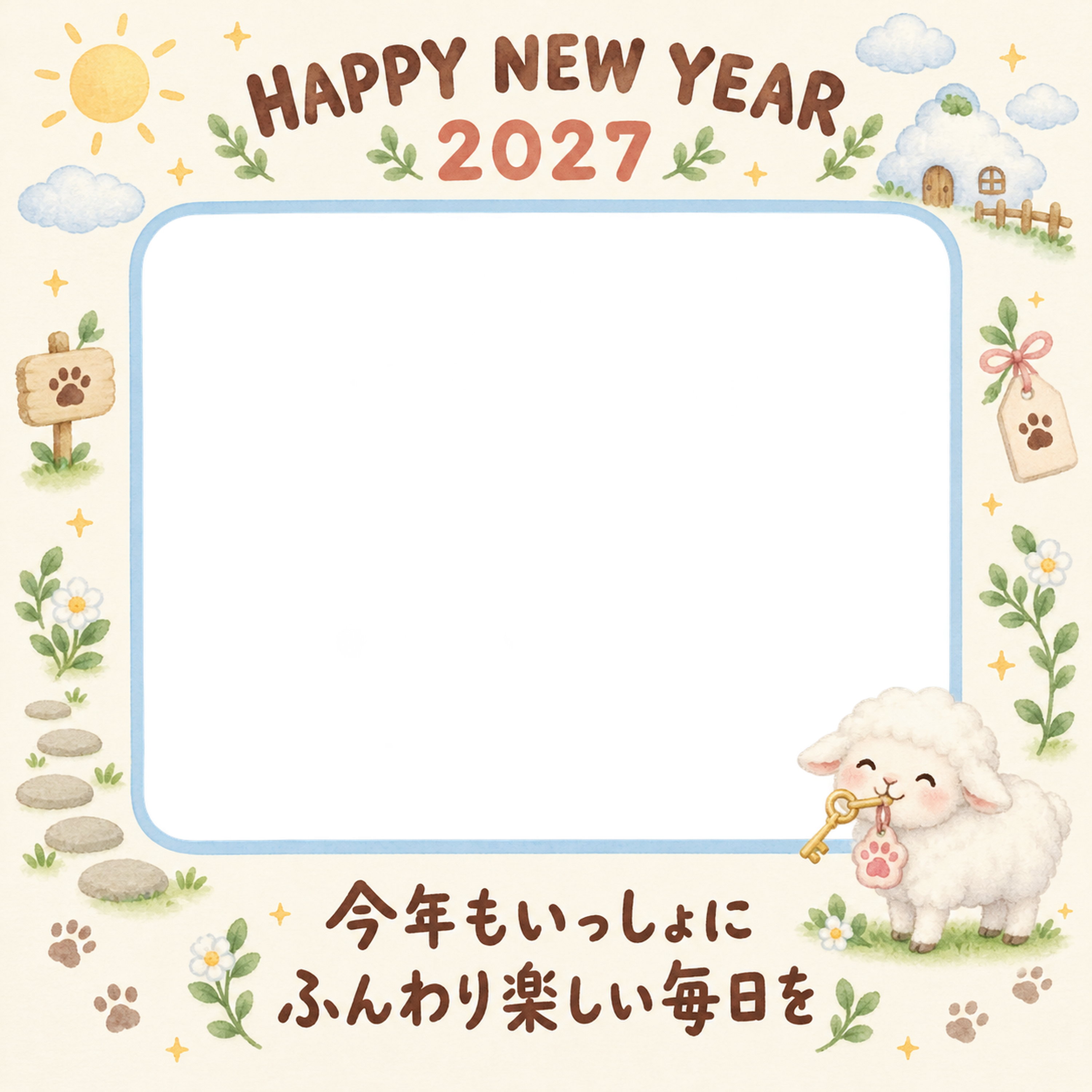 雲のおうちと羊のペット写真年賀状｜2027未年・無料イラスト 98748に写真・文字を入れる