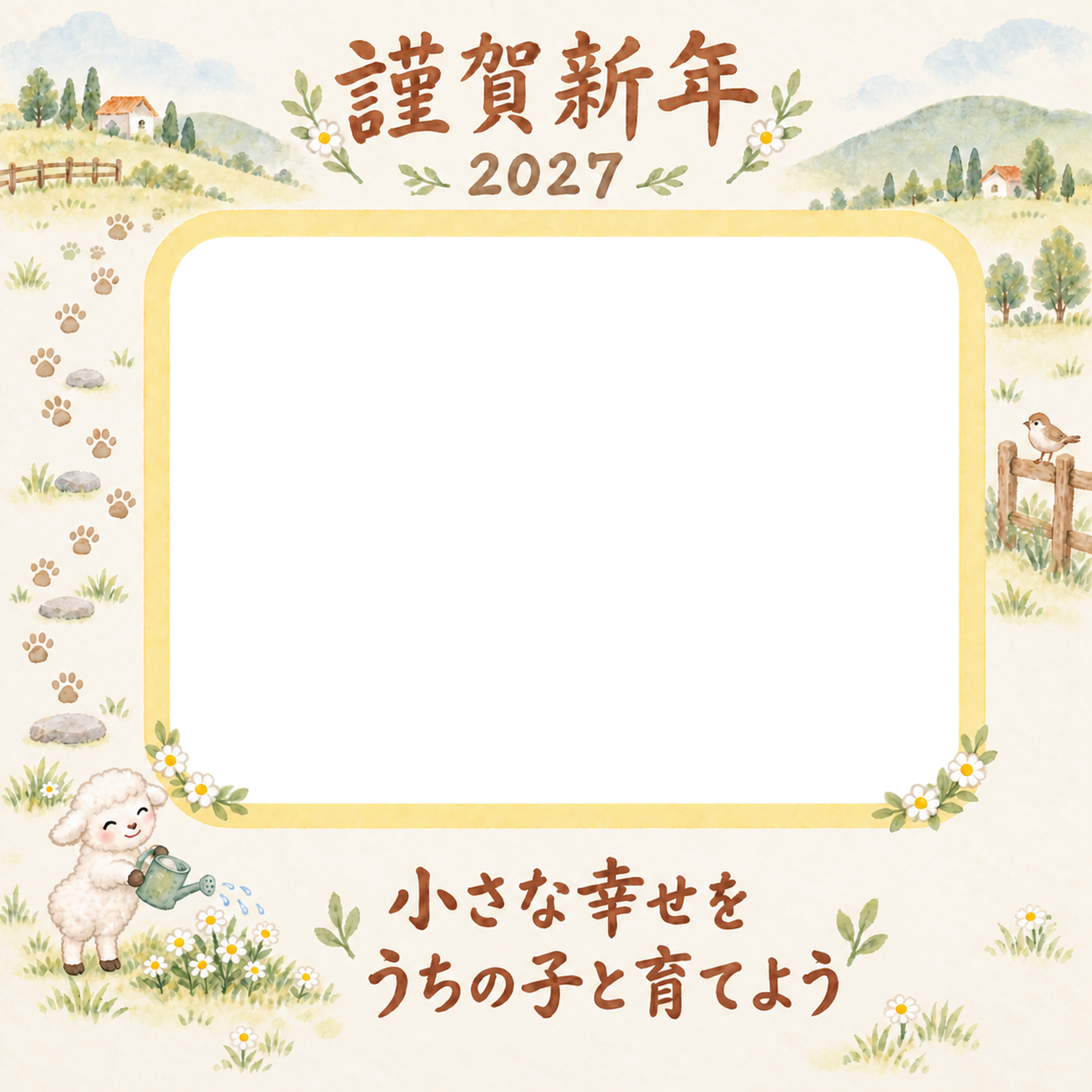花畑の小さな道と羊のペット写真年賀状｜2027未年・無料イラスト 98749に写真・文字を入れる