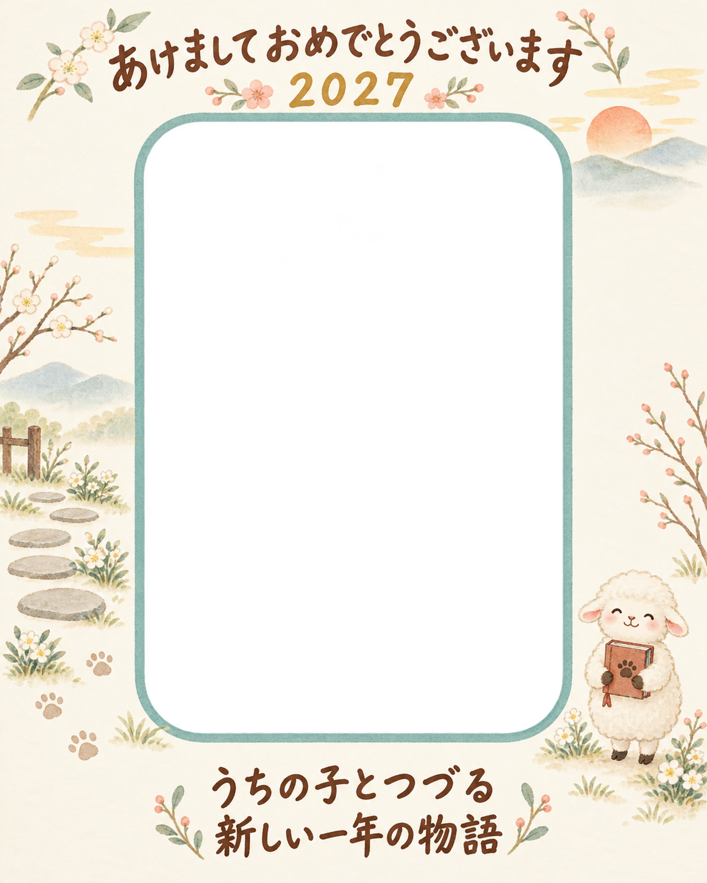 縦長の絵本の小道と羊のペット写真年賀状｜2027未年・無料イラスト 98754に写真・文字を入れる