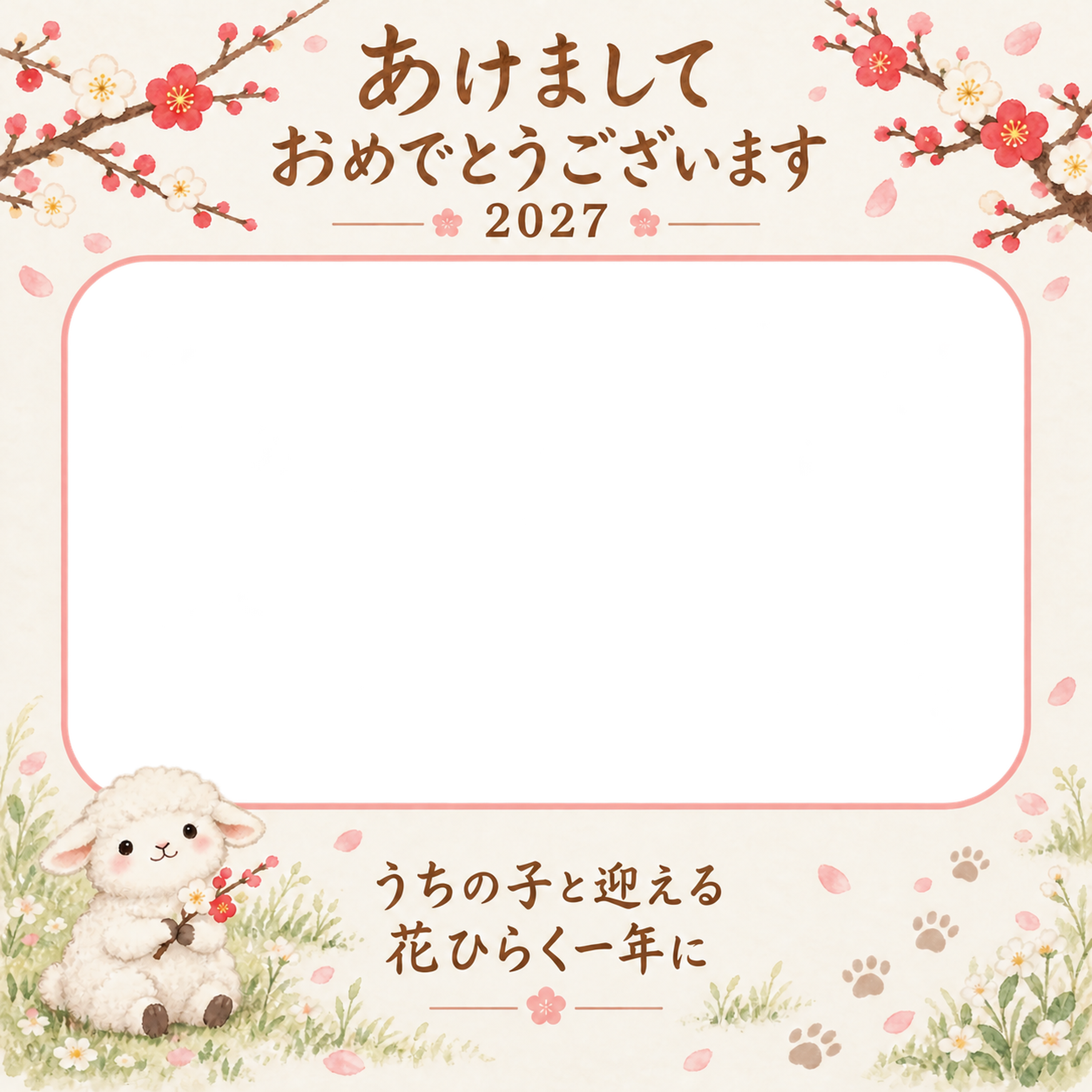 紅白梅のお庭と羊のペット写真年賀状｜2027未年・無料イラスト 98766に写真・文字を入れる