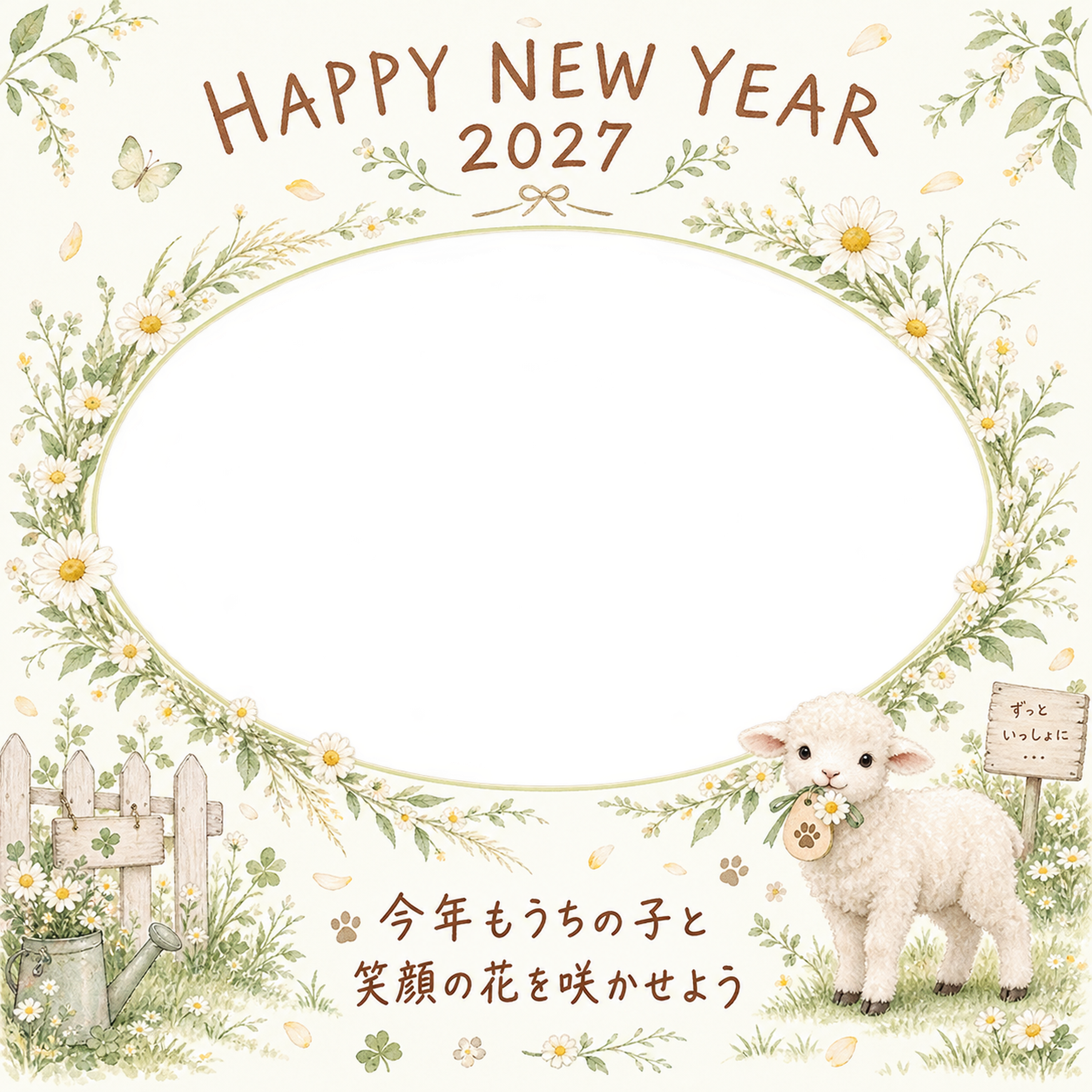 小花のリースと羊のペット写真年賀状｜2027未年・無料イラスト 98767に写真・文字を入れる