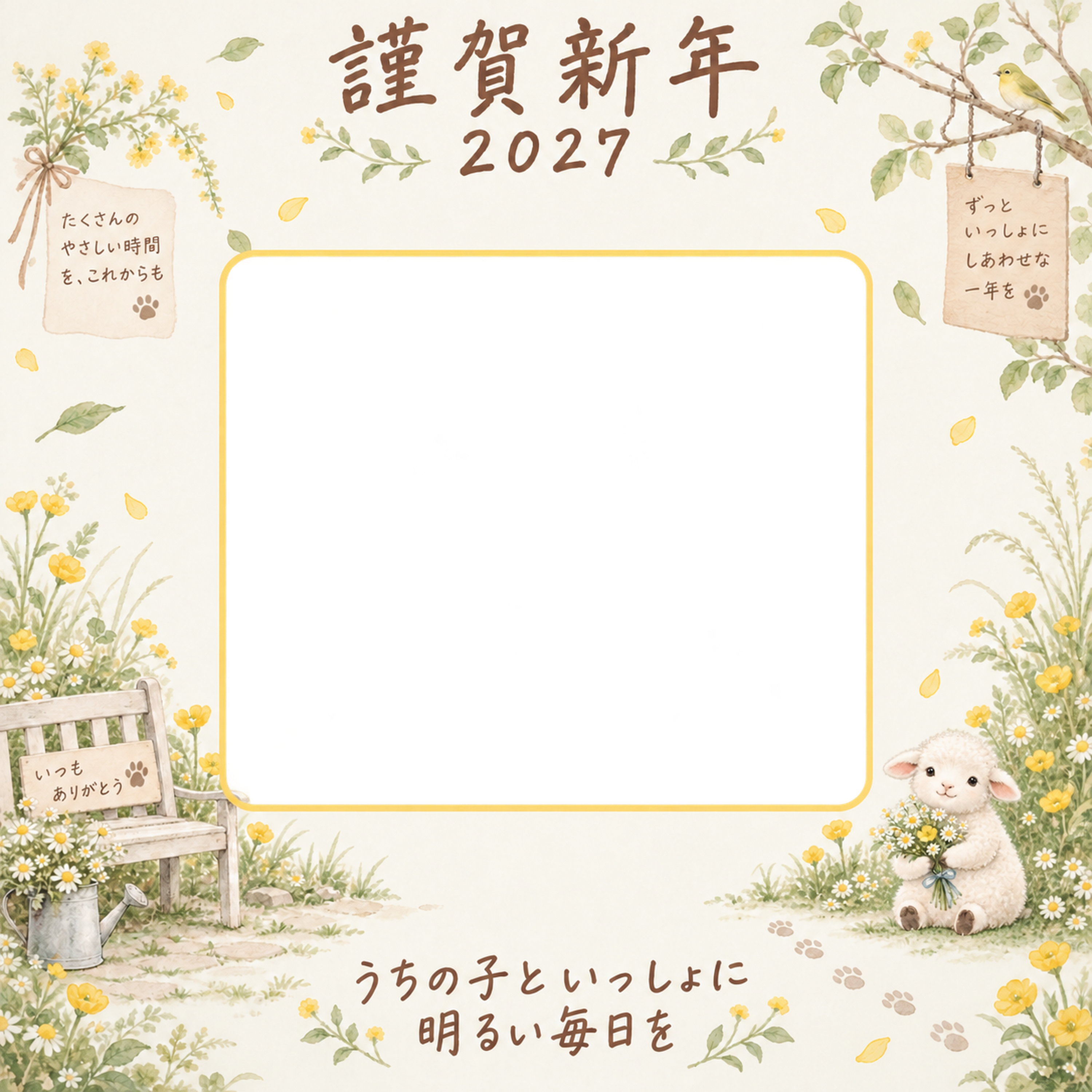 黄色い花の庭と羊のペット写真年賀状｜2027未年・無料イラスト 98768に写真・文字を入れる