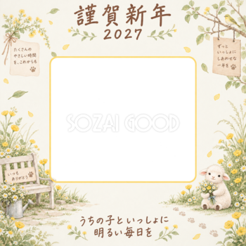 黄色い花の庭と羊のペット写真年賀状｜2027未年・無料イラスト 98768