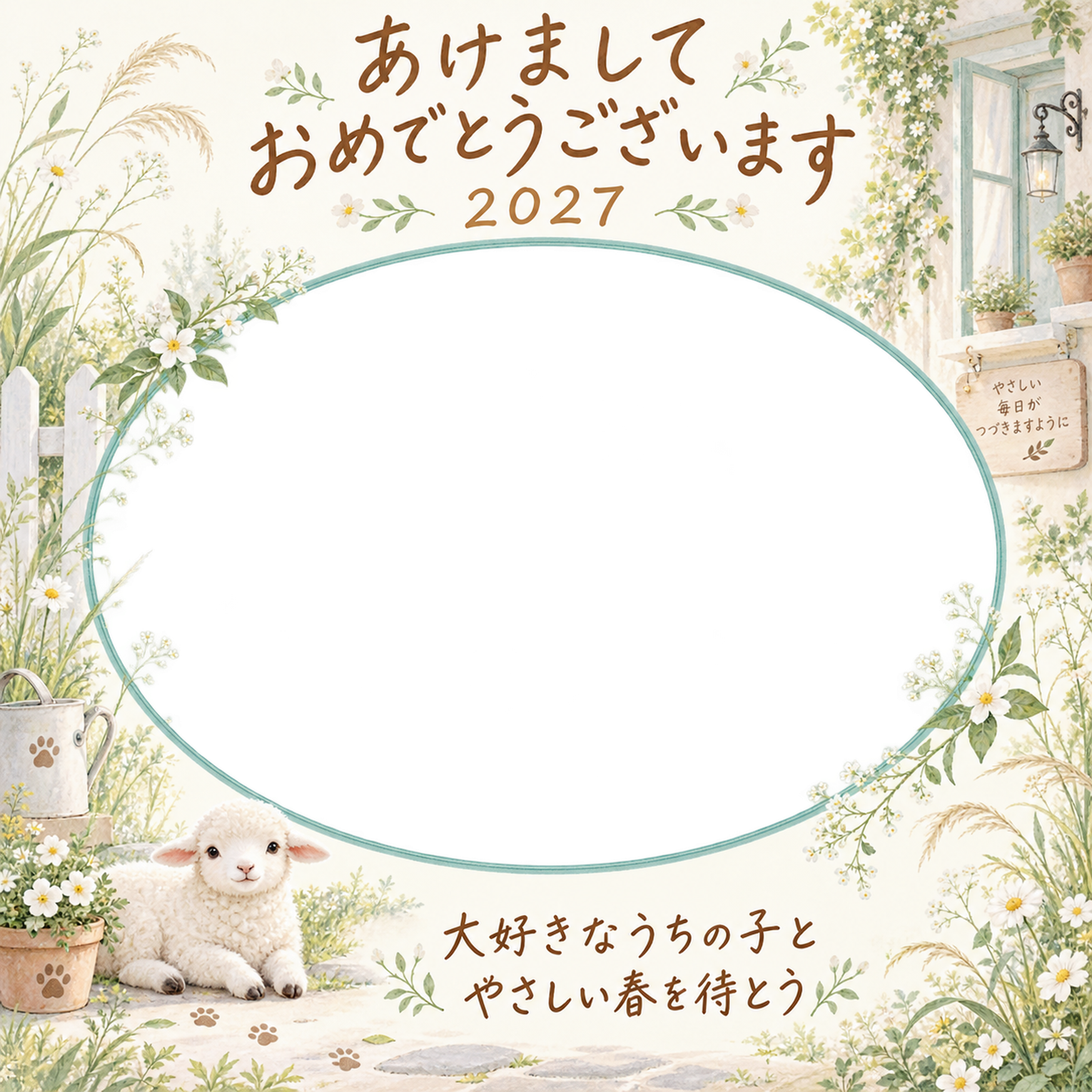 白い小花の庭と羊のペット写真年賀状｜2027未年・無料イラスト 98770に写真・文字を入れる