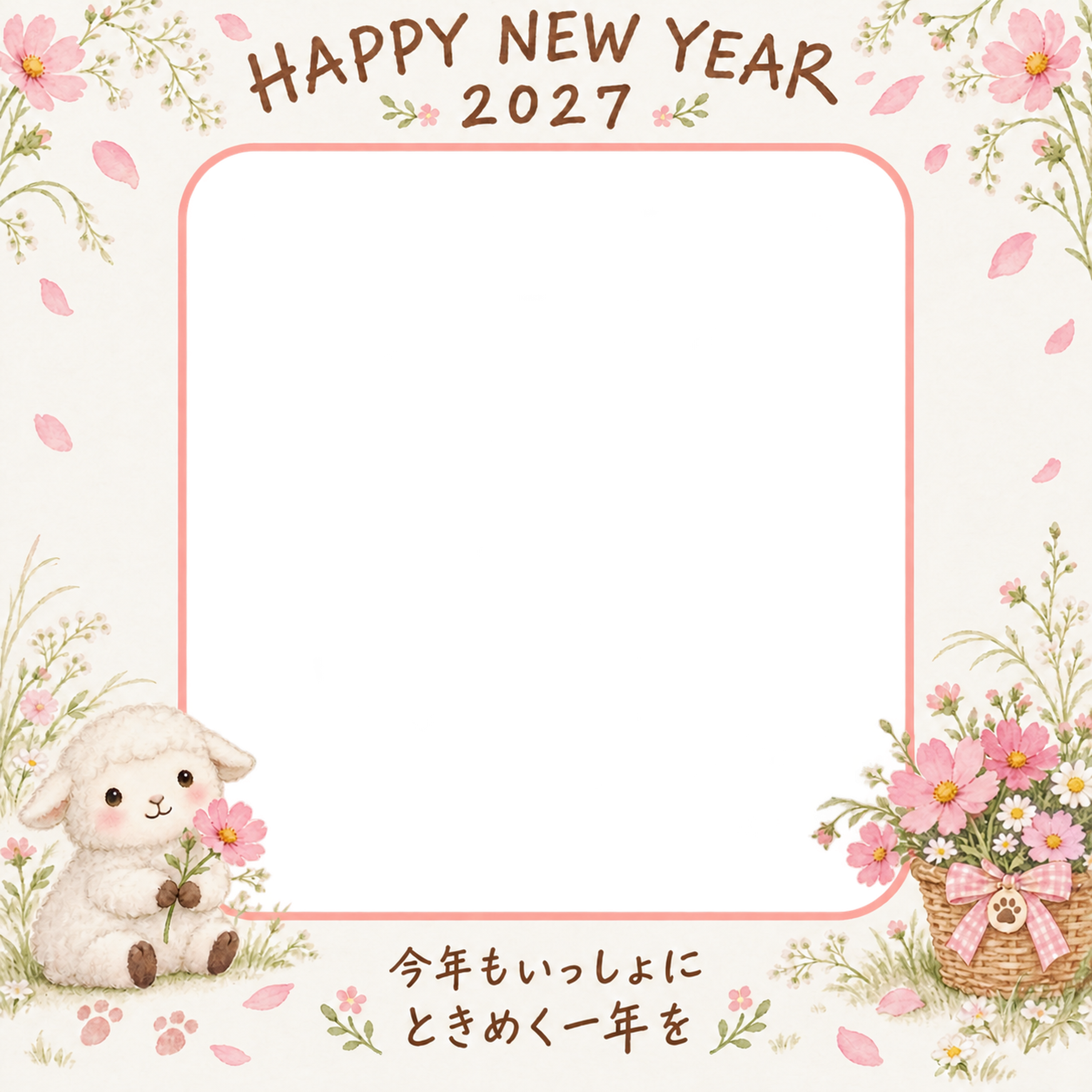 ピンクの花かごと羊のペット写真年賀状｜2027未年・無料イラスト 98771に写真・文字を入れる