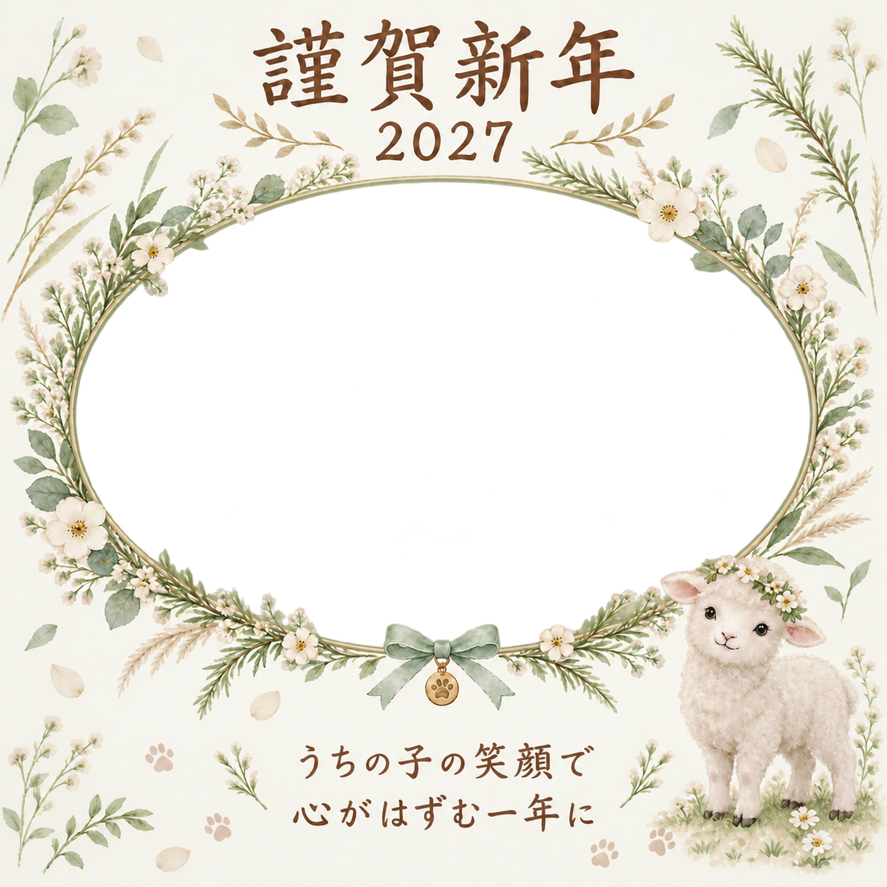 草花のリースと羊のペット写真年賀状｜2027未年・無料イラスト 98772に写真・文字を入れる