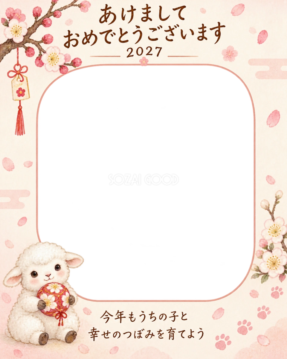 縦長の梅の庭と羊のペット写真年賀状|2027未年・無料イラスト 98774