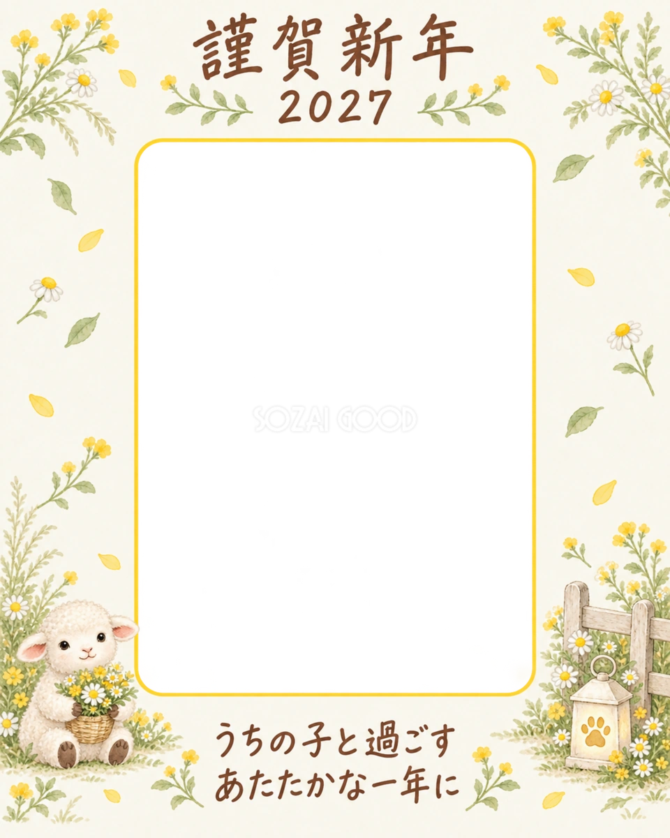 縦長の黄色い庭と羊のペット写真年賀状｜2027未年・無料イラスト 98776