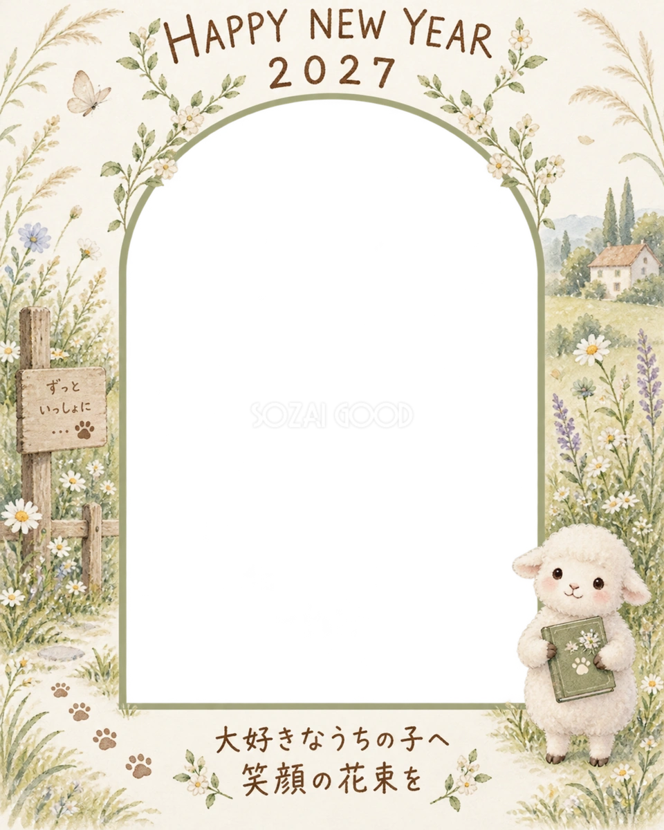 縦長の草花のお庭と羊のペット写真年賀状｜2027未年・無料イラスト 98777