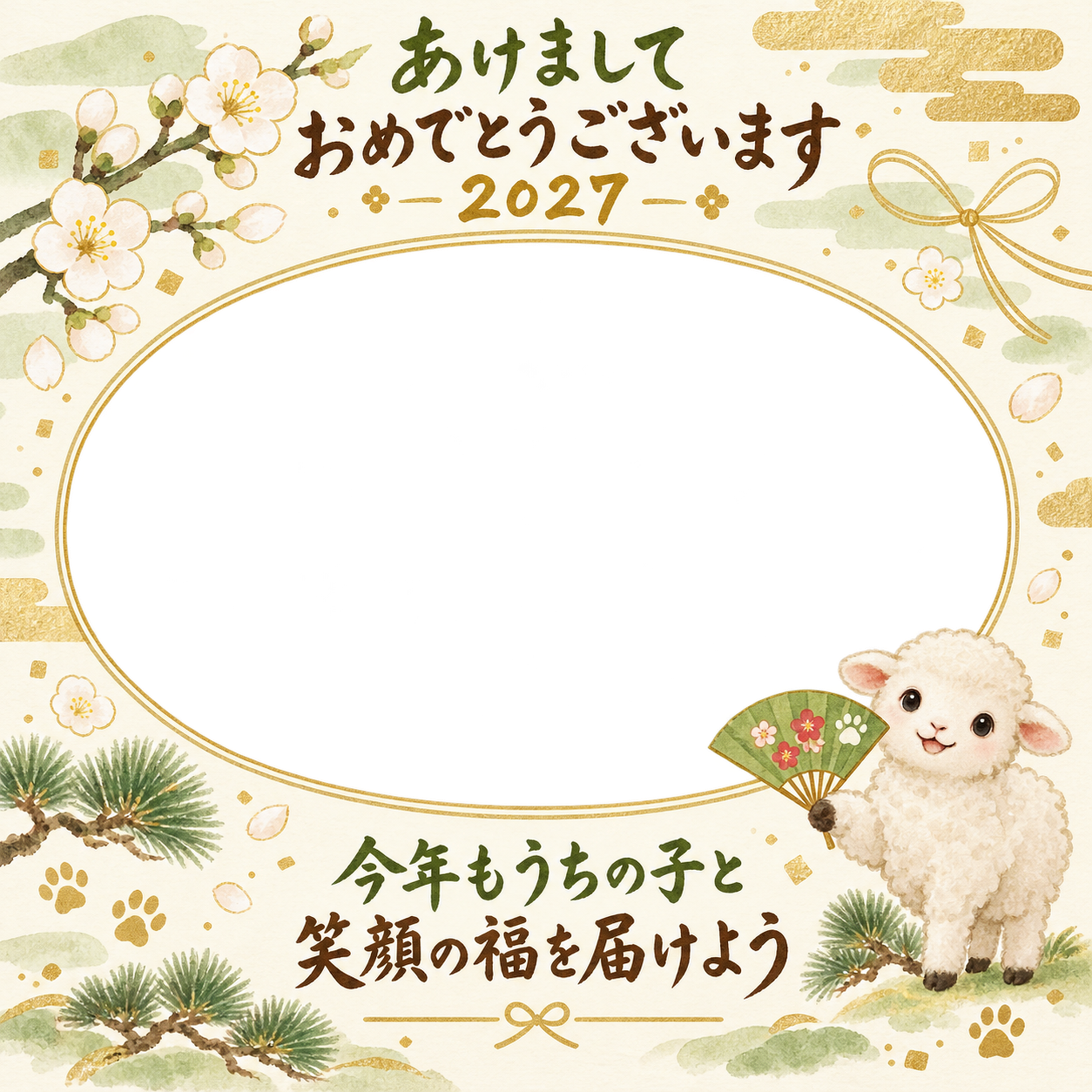 招福の扇と白梅と羊のペット写真年賀状｜2027未年・無料イラスト 98780に写真・文字を入れる