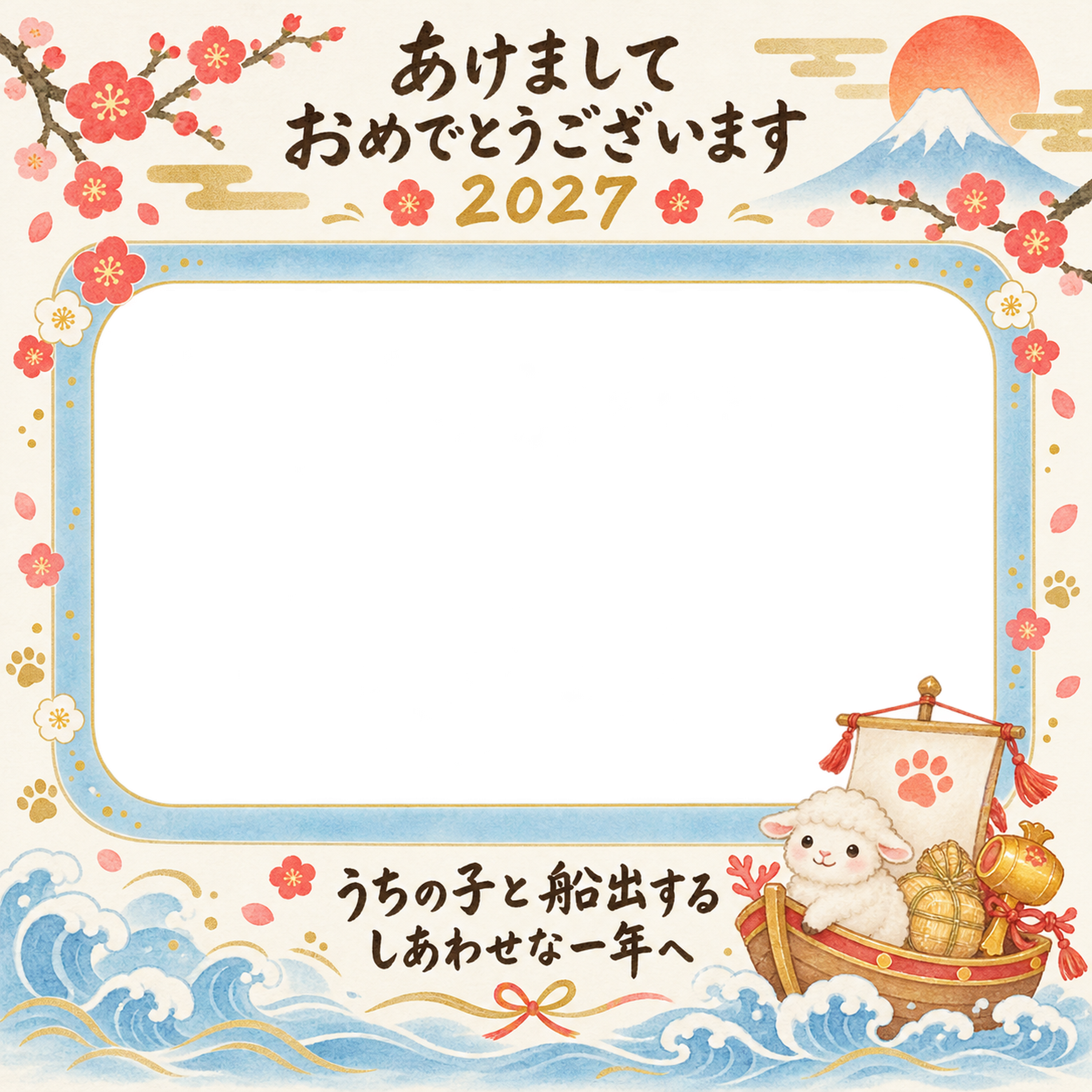 宝船と穏やかな波と羊のペット写真年賀状｜2027未年・無料イラスト 98781に写真・文字を入れる