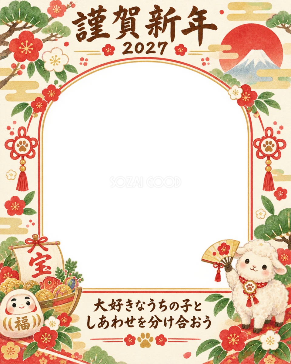 縦長の福のお祝いのペット写真年賀状