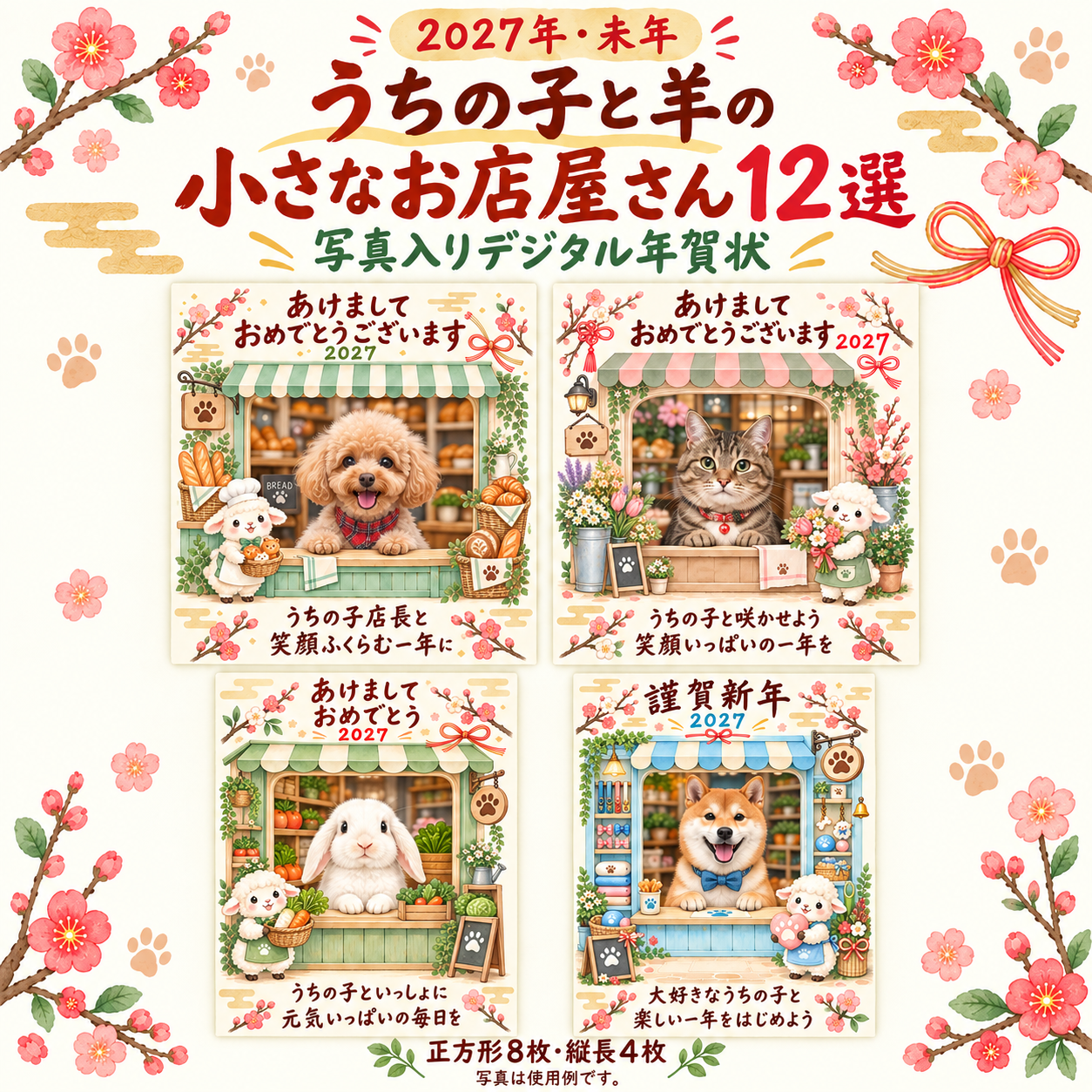 うちの子と羊の小さなお店屋さん12選｜2027年ペット写真年賀状・無料イラスト 98801に写真・文字を入れる