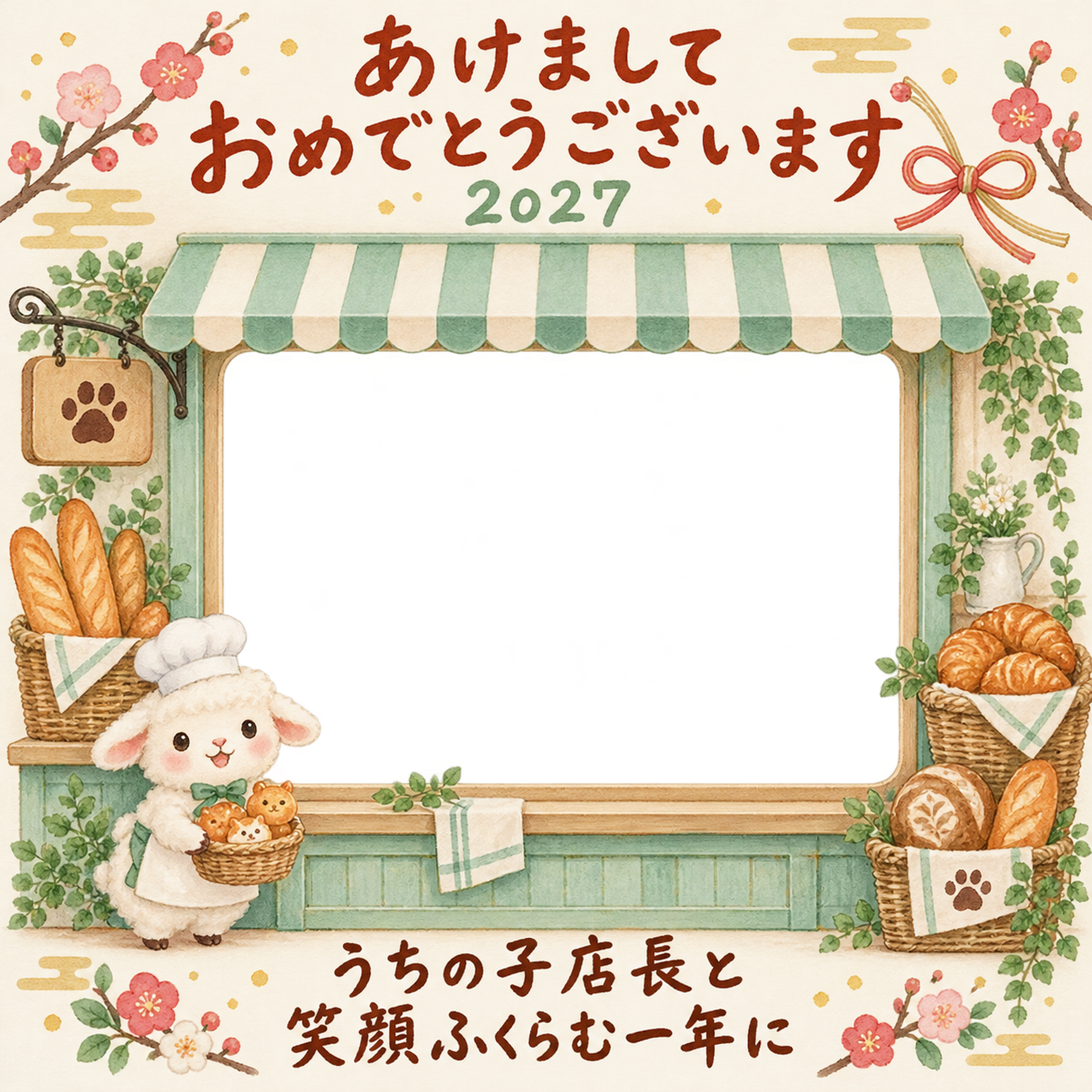 焼きたてパンのお店と羊のペット写真年賀状｜2027未年・無料イラスト 98802に写真・文字を入れる