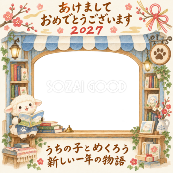 小さな絵本のお店と羊のペット写真年賀状｜2027未年・無料イラスト 98805