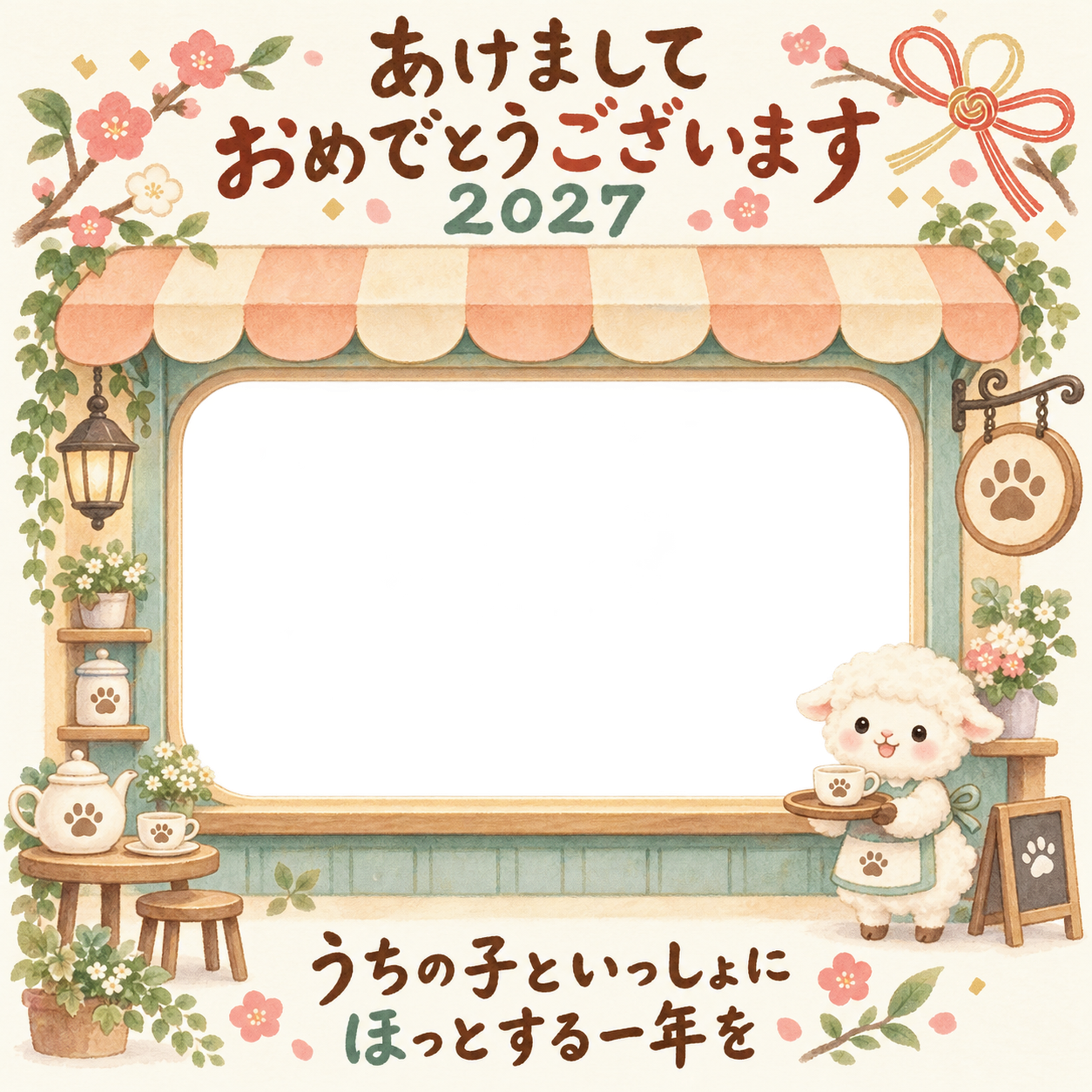 ひだまりのカフェと羊のペット写真年賀状｜2027未年・無料イラスト 98806に写真・文字を入れる