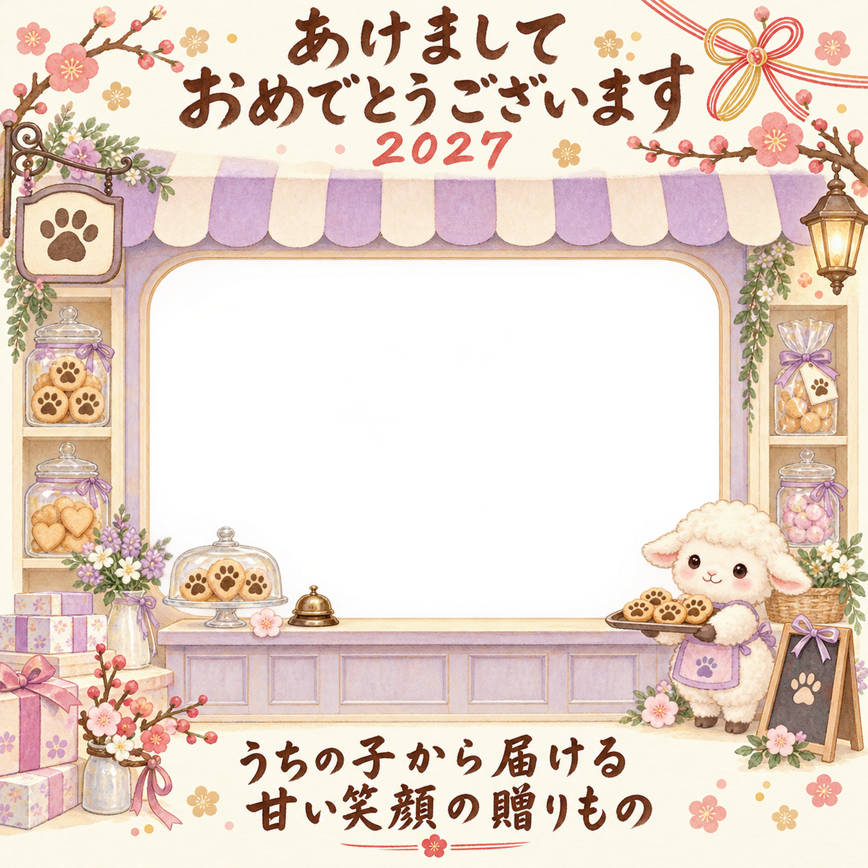クッキーとお菓子のお店と羊のペット写真年賀状｜2027未年・無料イラスト 98808に写真・文字を入れる