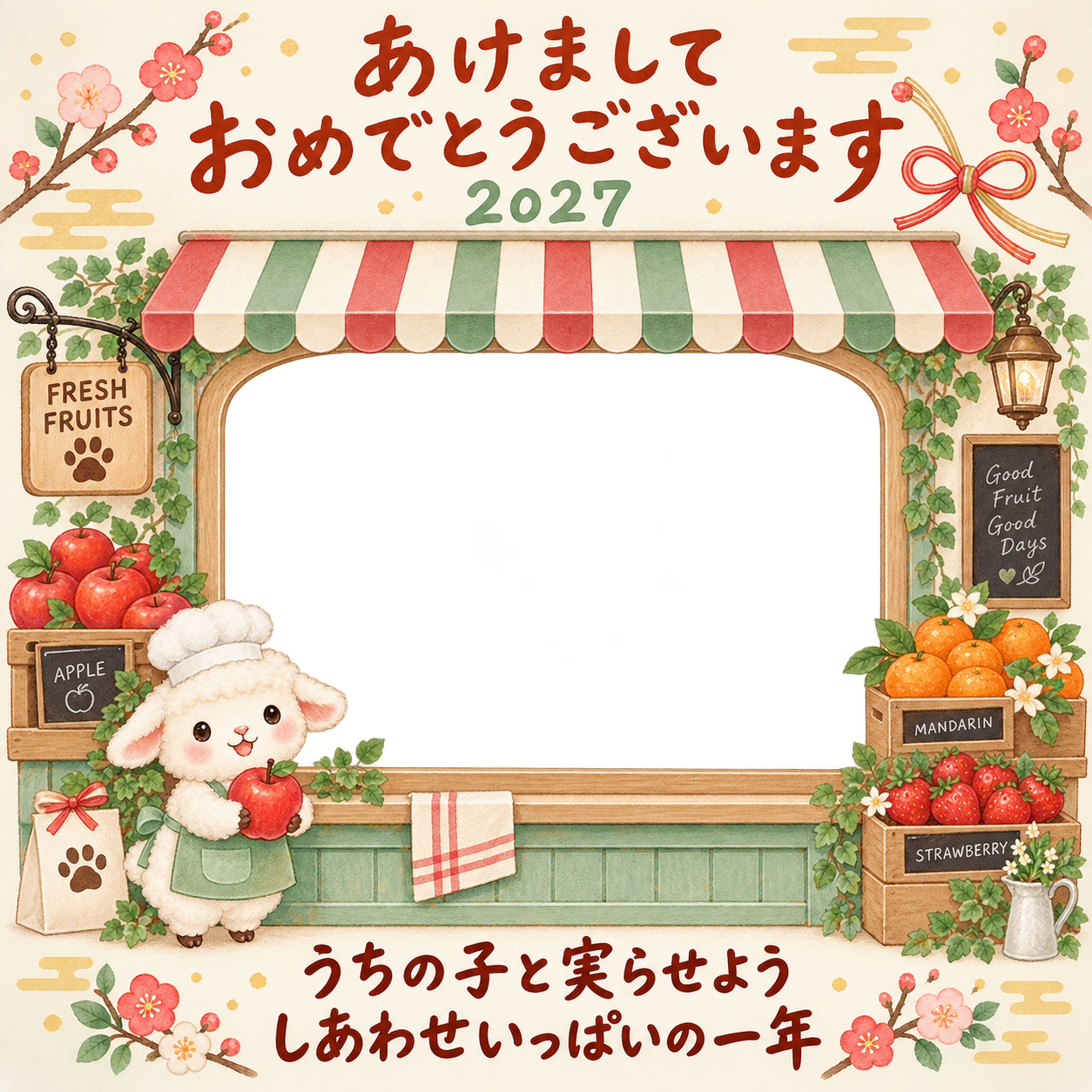りんごと果物のお店と羊のペット写真年賀状｜2027未年・無料イラスト 98809に写真・文字を入れる
