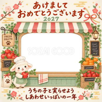 りんごと果物のお店と羊のペット写真年賀状｜2027未年・無料イラスト 98809