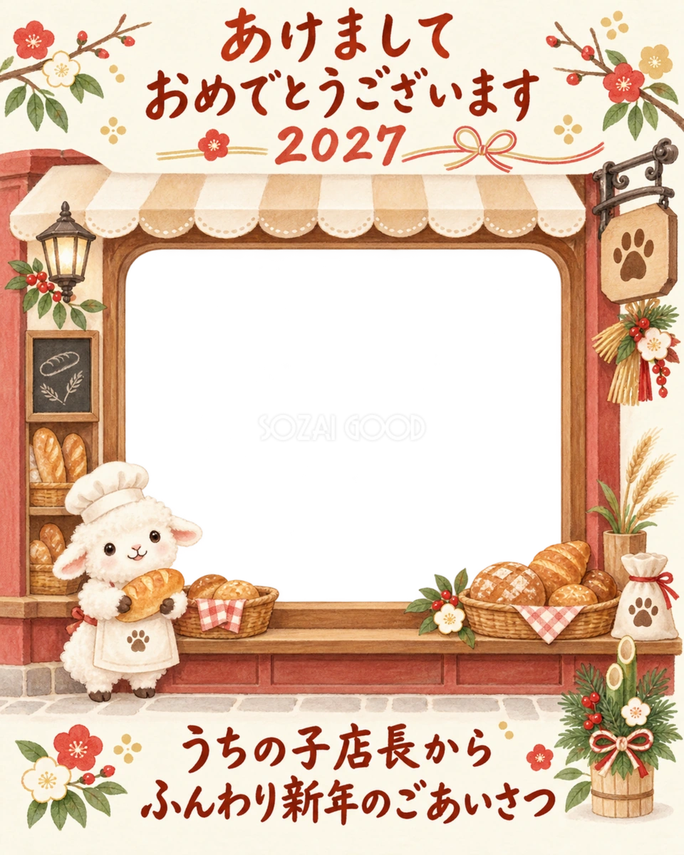 縦長のパン屋さんのペット写真年賀状