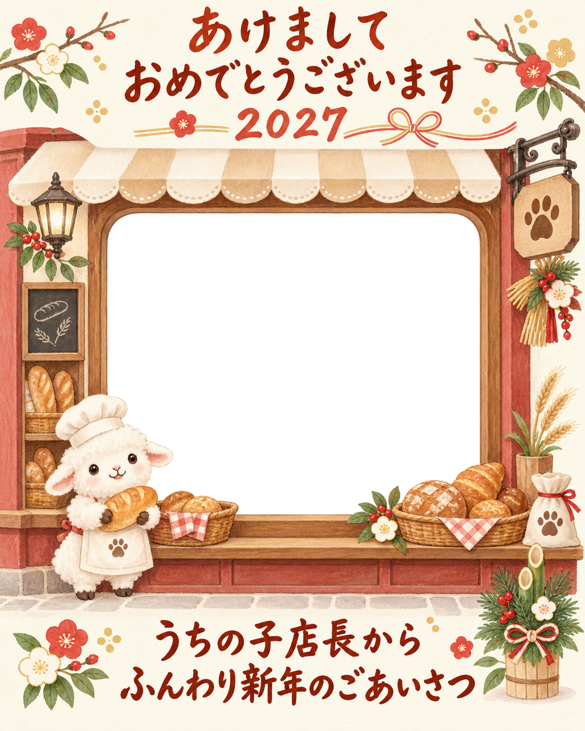 縦長のパン屋さんと羊のペット写真年賀状｜2027未年・無料イラスト 98810に写真・文字を入れる