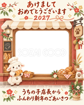 縦長のパン屋さんと羊のペット写真年賀状｜2027未年・無料イラスト 98810