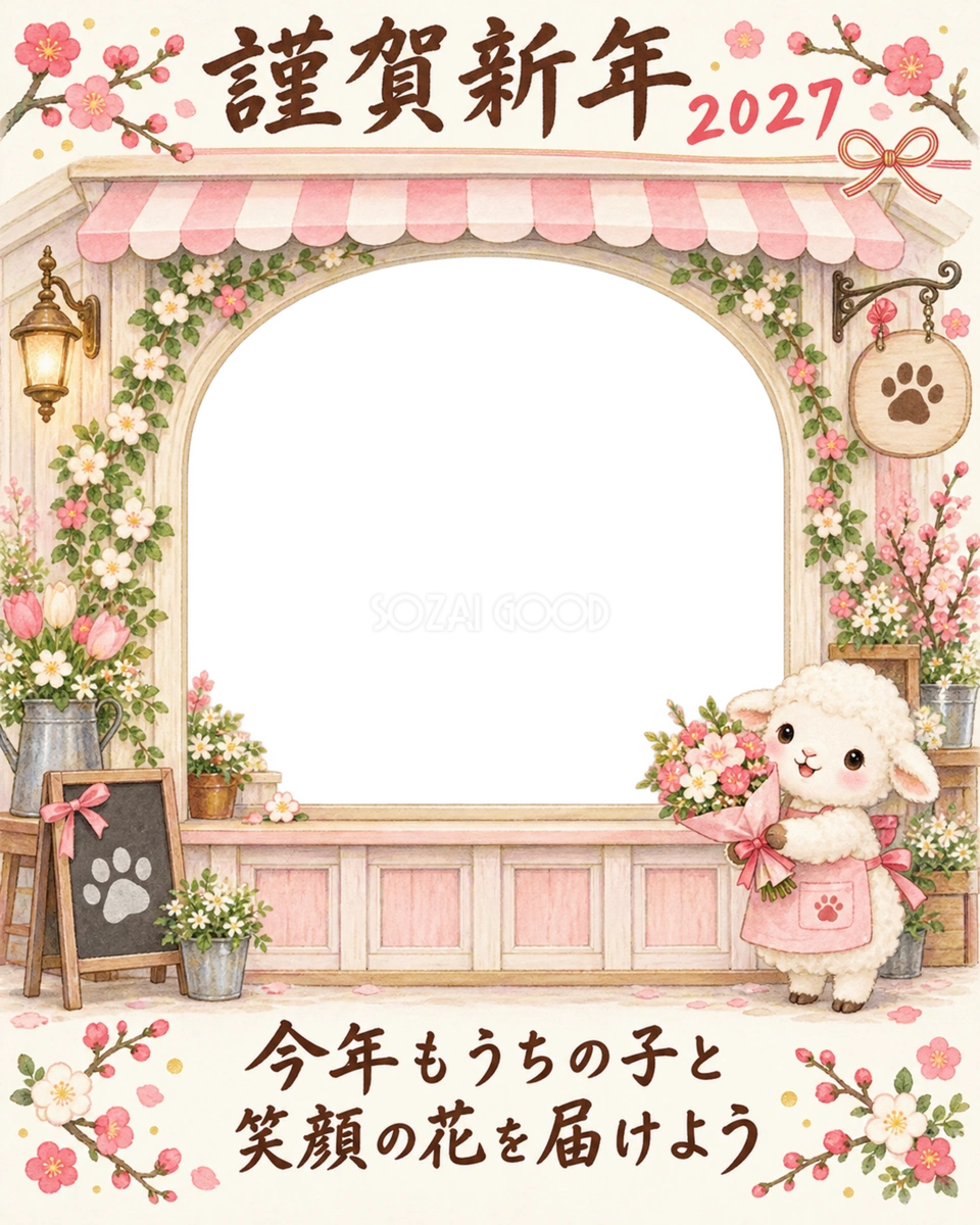 縦長のお花屋さんのペット写真年賀状