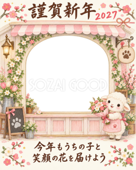 縦長のお花屋さんと羊のペット写真年賀状｜2027未年・無料イラスト 98811