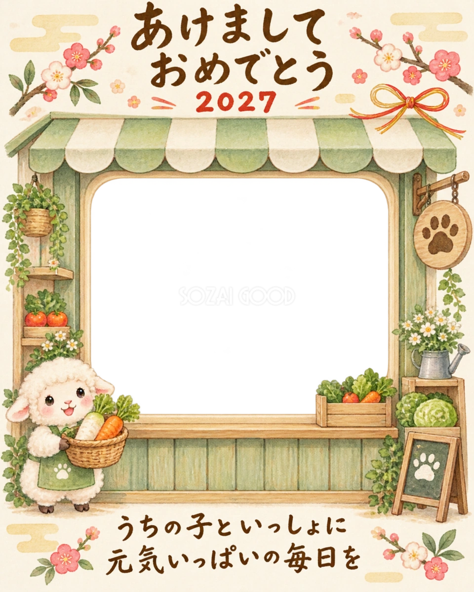 縦長の八百屋さんのペット写真年賀状