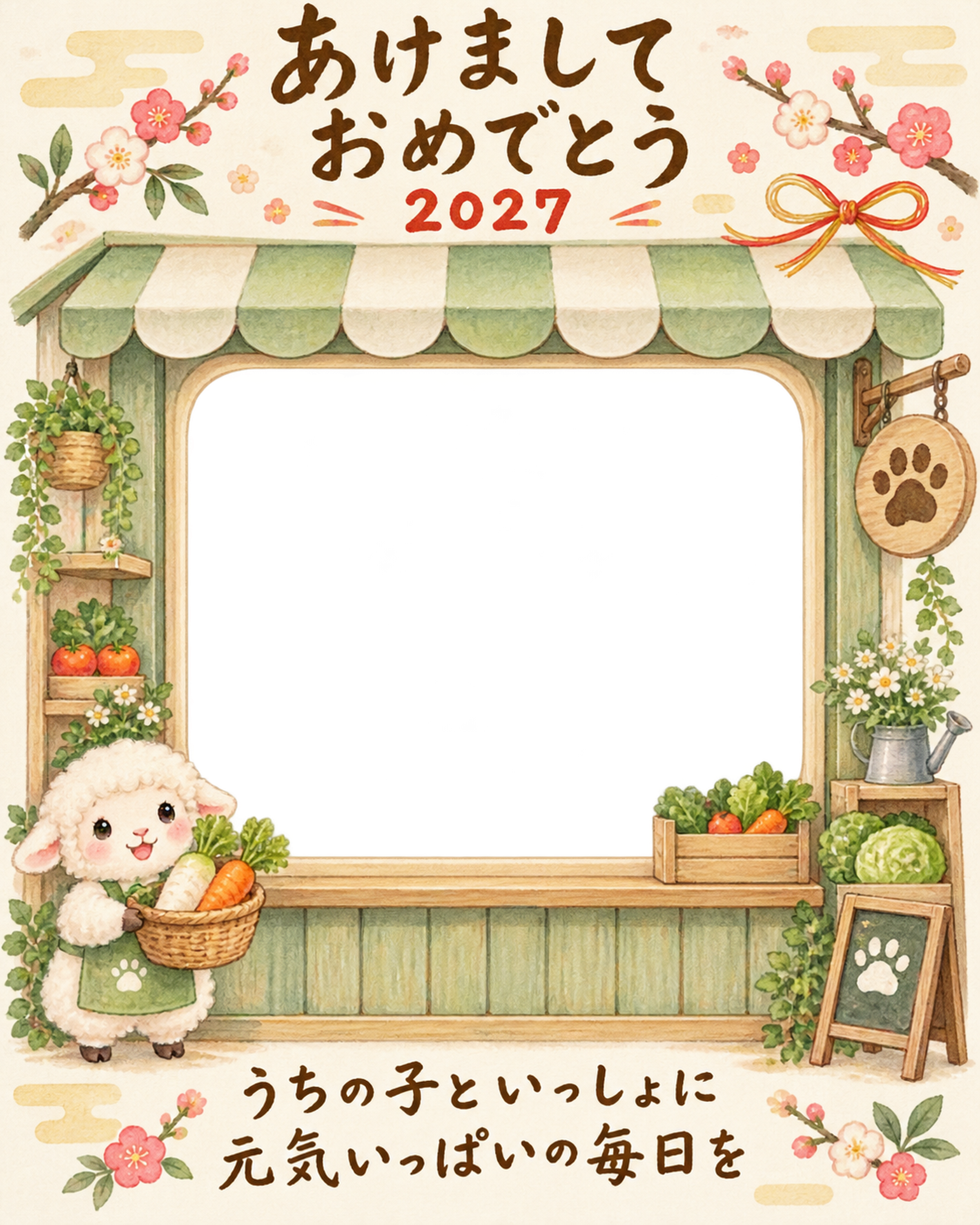 縦長の八百屋さんと羊のペット写真年賀状｜2027未年・無料イラスト 98812に写真・文字を入れる